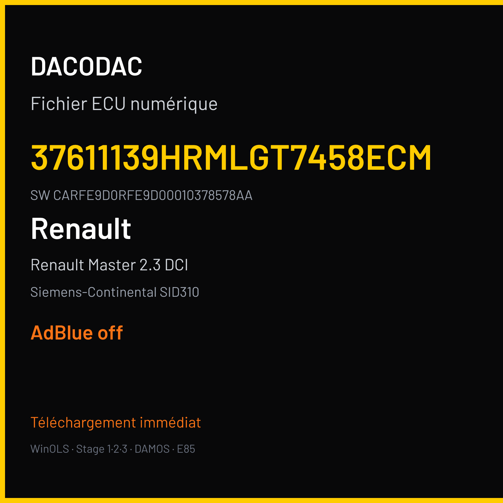 Renault Master 2.3 DCI 170 ch (2018) — Siemens-Continental SID310 — 37611139HRMLGT7458ECM · CARFE9D0RFE9D00010378578AA — ADBLUE off