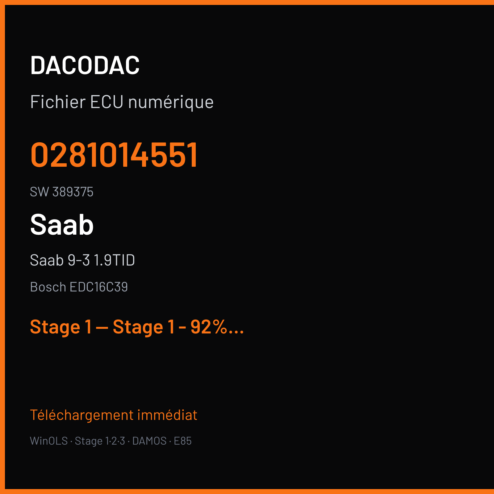 Saab 9-3 1.9TID (2008) — Bosch EDC16C39 — 0281014551 · 389375 — Stage 1 — Stage 1 - 92%