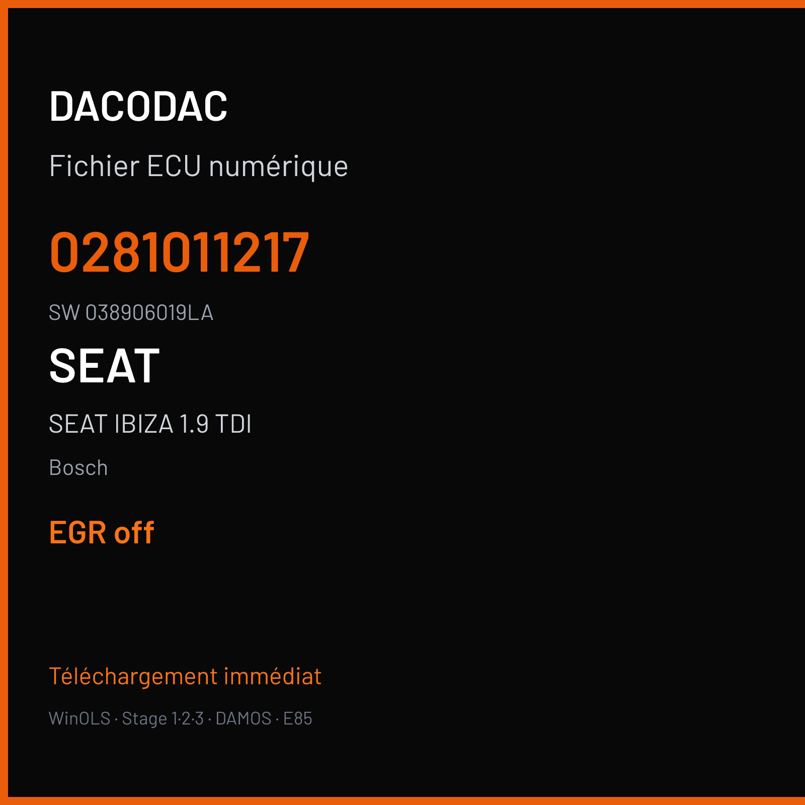 SEAT IBIZA 1.9 TDI 130 ch (2004) — Bosch — 0281011217 · 038906019LA · 366587 — EGR off