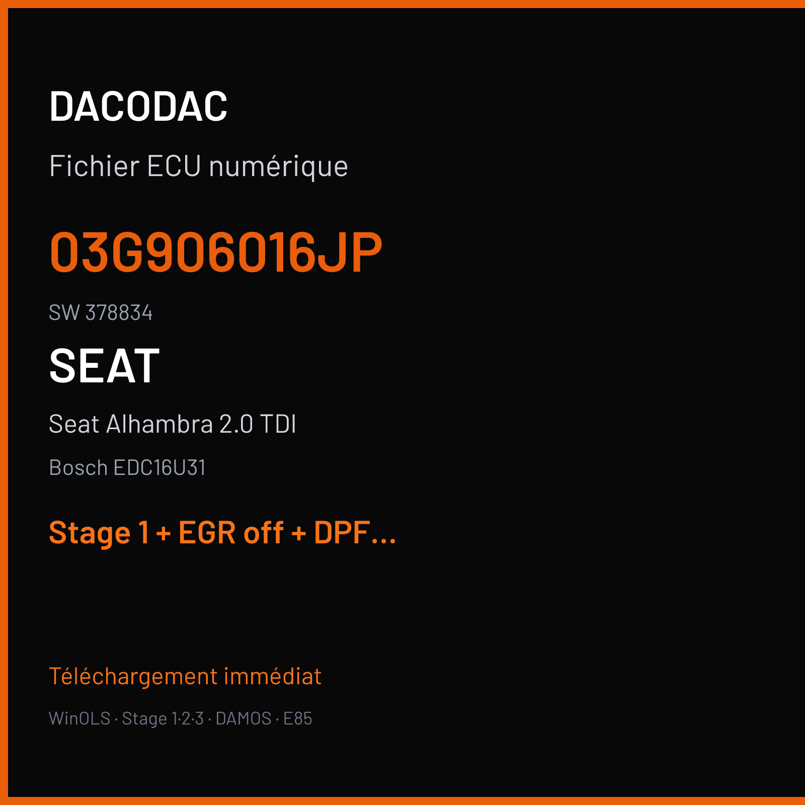 Seat Alhambra 2.0 TDI (2005) — Bosch EDC16U31 — 03G906016JP · 378834 — Stage 1 + EGR off + DPF off