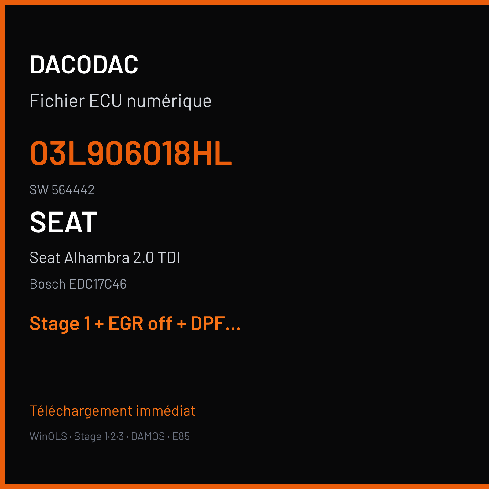 Seat Alhambra 2.0 TDI (2015) — Bosch EDC17C46 — 03L906018HL · 564442 — Stage 1 + EGR off + DPF off + SCR off + VMAX off