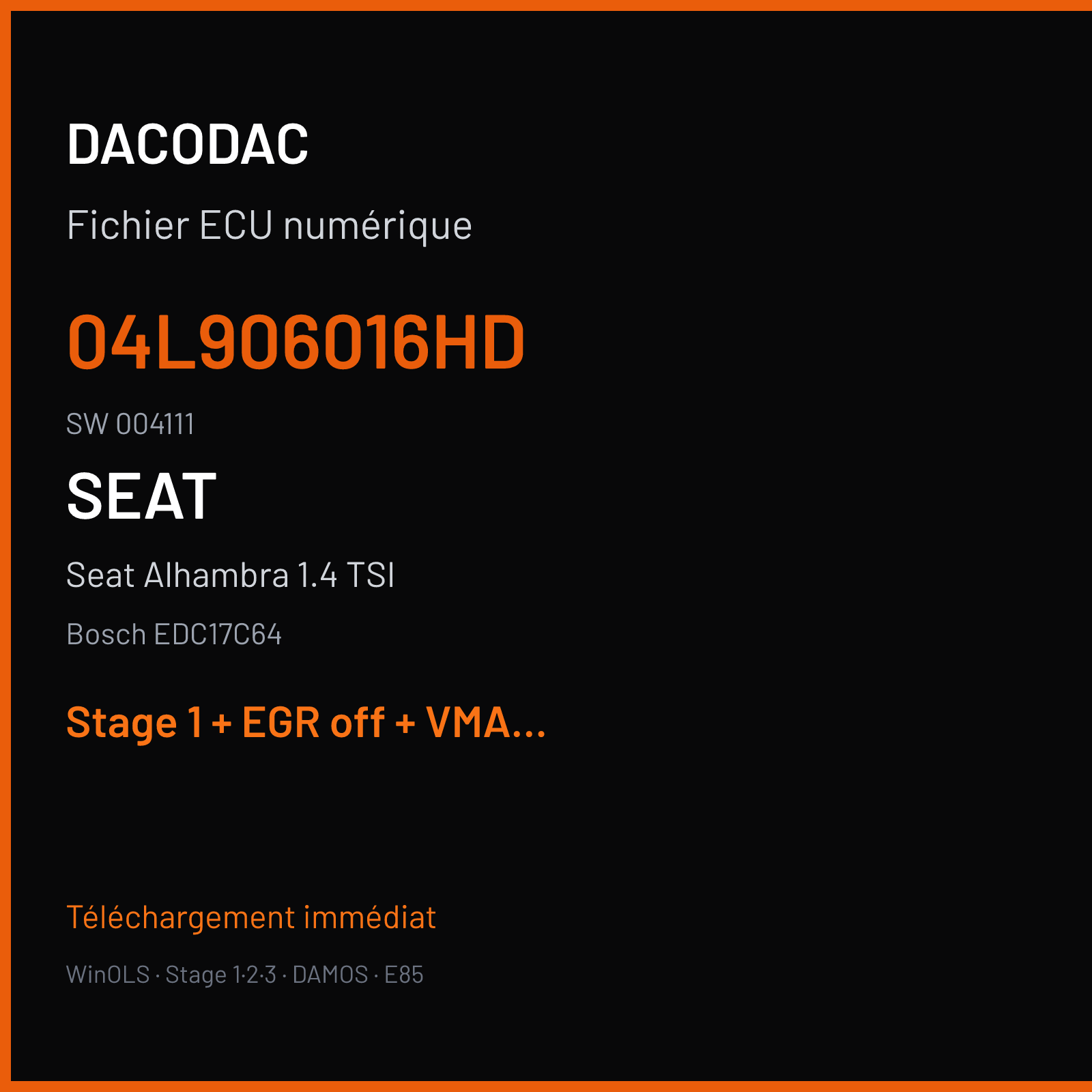 Seat Alhambra 1.4 TSI (2016) — Bosch EDC17C64 — 04L906016HD · 004111 — Stage 1 + EGR off + VMAX off