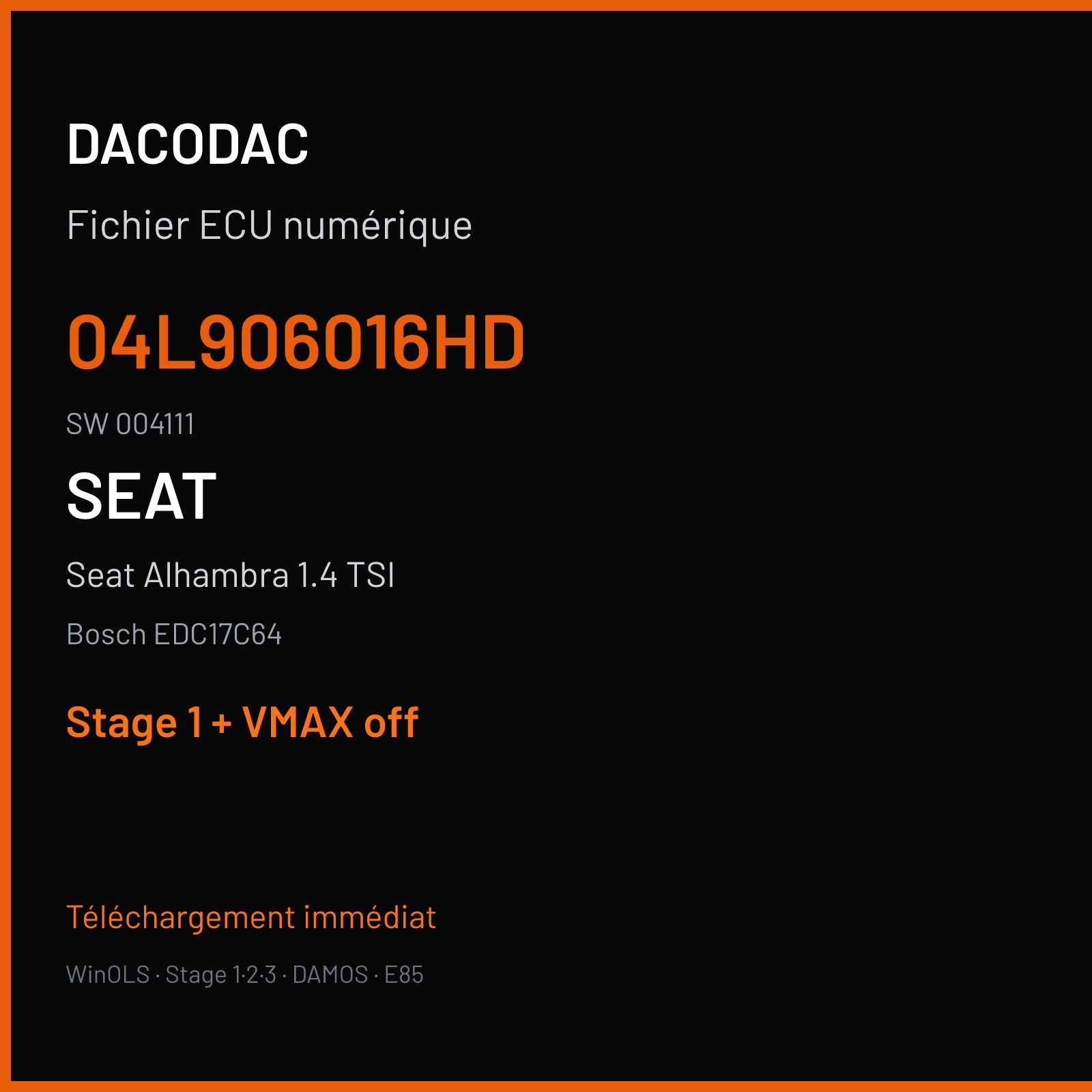 Seat Alhambra 1.4 TSI (2016) — Bosch EDC17C64 — 04L906016HD · 004111 — Stage 1 + VMAX off