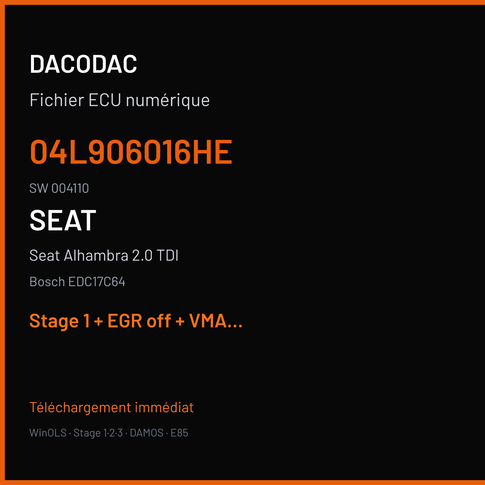 Seat Alhambra 2.0 TDI (2017) — Bosch EDC17C64 — 04L906016HE · 004110 — Stage 1 + EGR off + VMAX off
