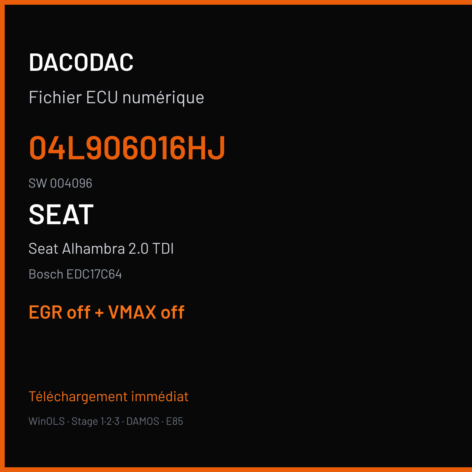 Seat Alhambra 2.0 TDI (2017) — Bosch EDC17C64 — 04L906016HJ · 004096 — EGR off + VMAX off