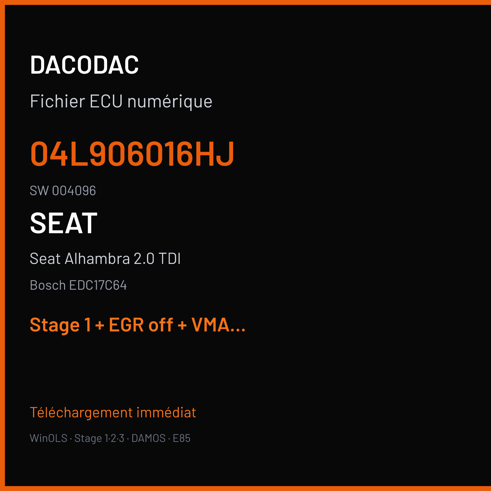 Seat Alhambra 2.0 TDI (2017) — Bosch EDC17C64 — 04L906016HJ · 004096 — Stage 1 + EGR off + VMAX off