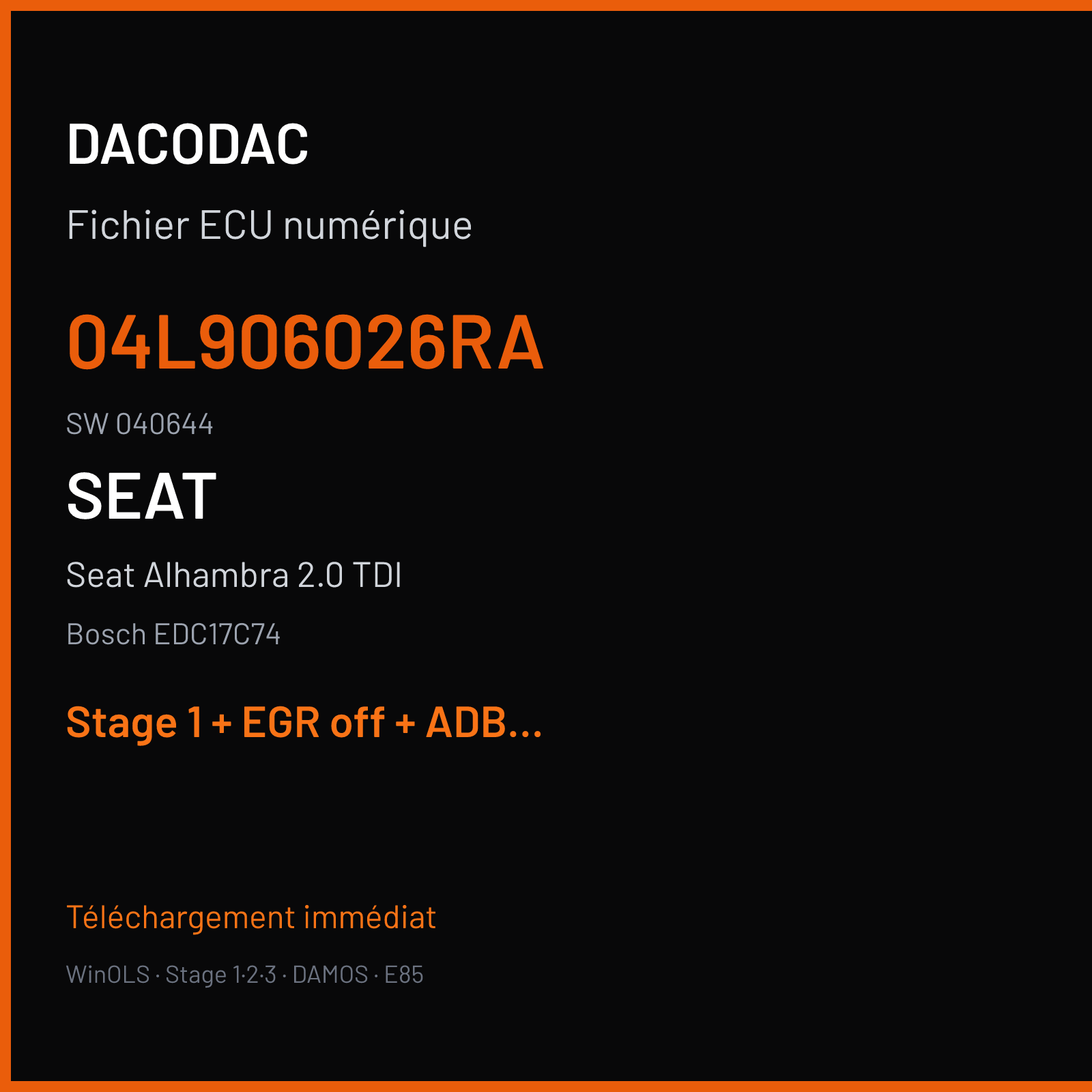 Seat Alhambra 2.0 TDI (2019) — Bosch EDC17C74 — 04L906026RA · 040644 — Stage 1 + EGR off + ADBLUE off + VMAX off