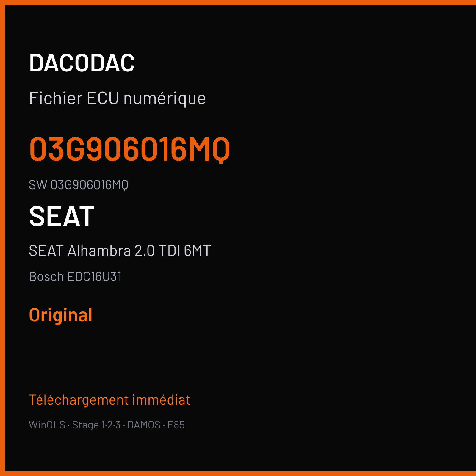 SEAT Alhambra 2.0 TDI 6MT 139 ch (2009) — Bosch EDC16U31 — 03G906016MQ · 03G906016MQ · 396422 — Original