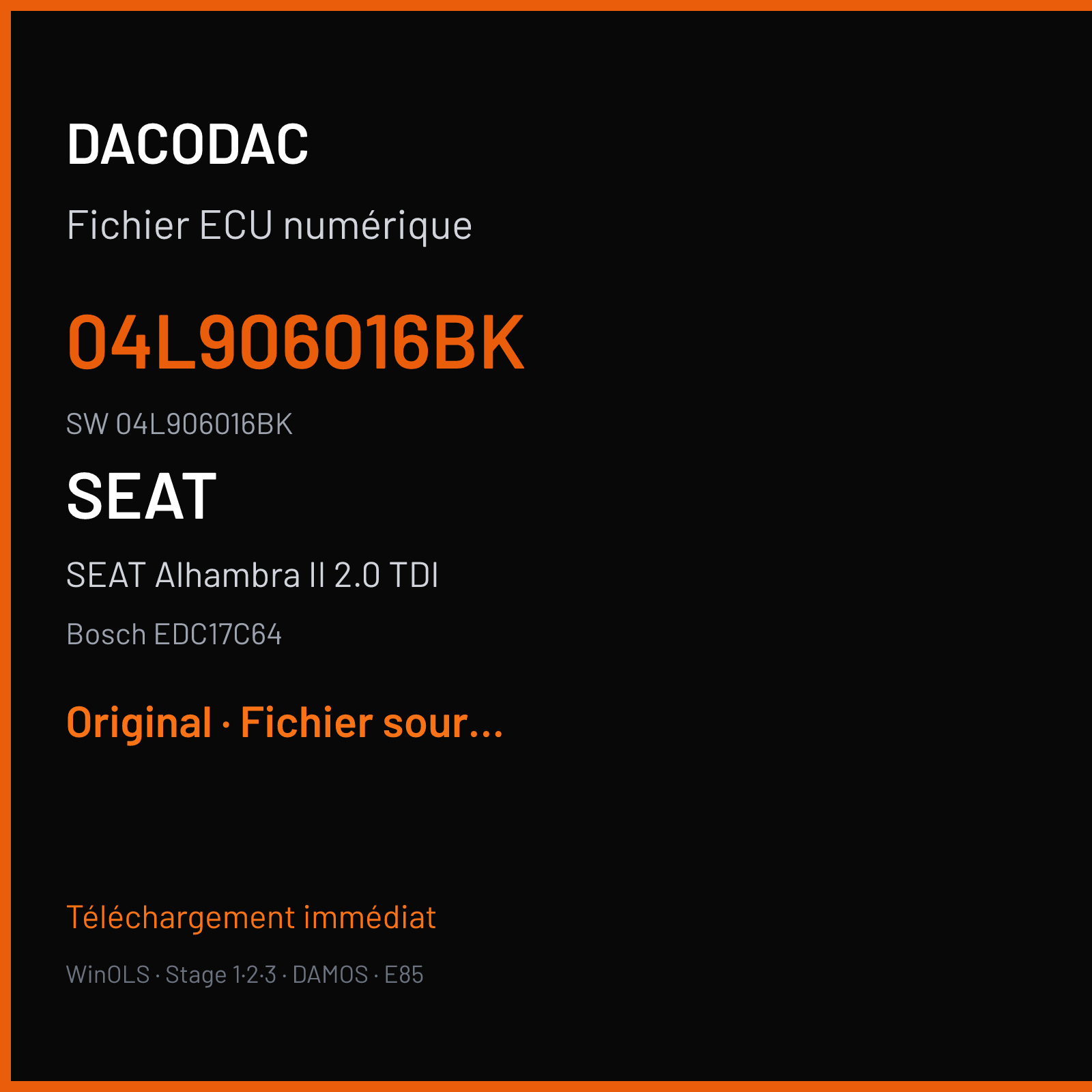 SEAT Alhambra II 2.0 TDI 150 ch (2015) — Bosch EDC17C64 — 04L906016BK · 04L906016BK · 554789 — Original
