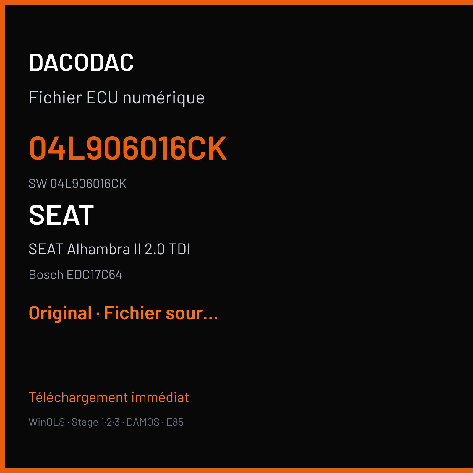 SEAT Alhambra II 2.0 TDI 184 ch (2014) — Bosch EDC17C64 — 04L906016CK · 04L906016CK · 023619 — Original