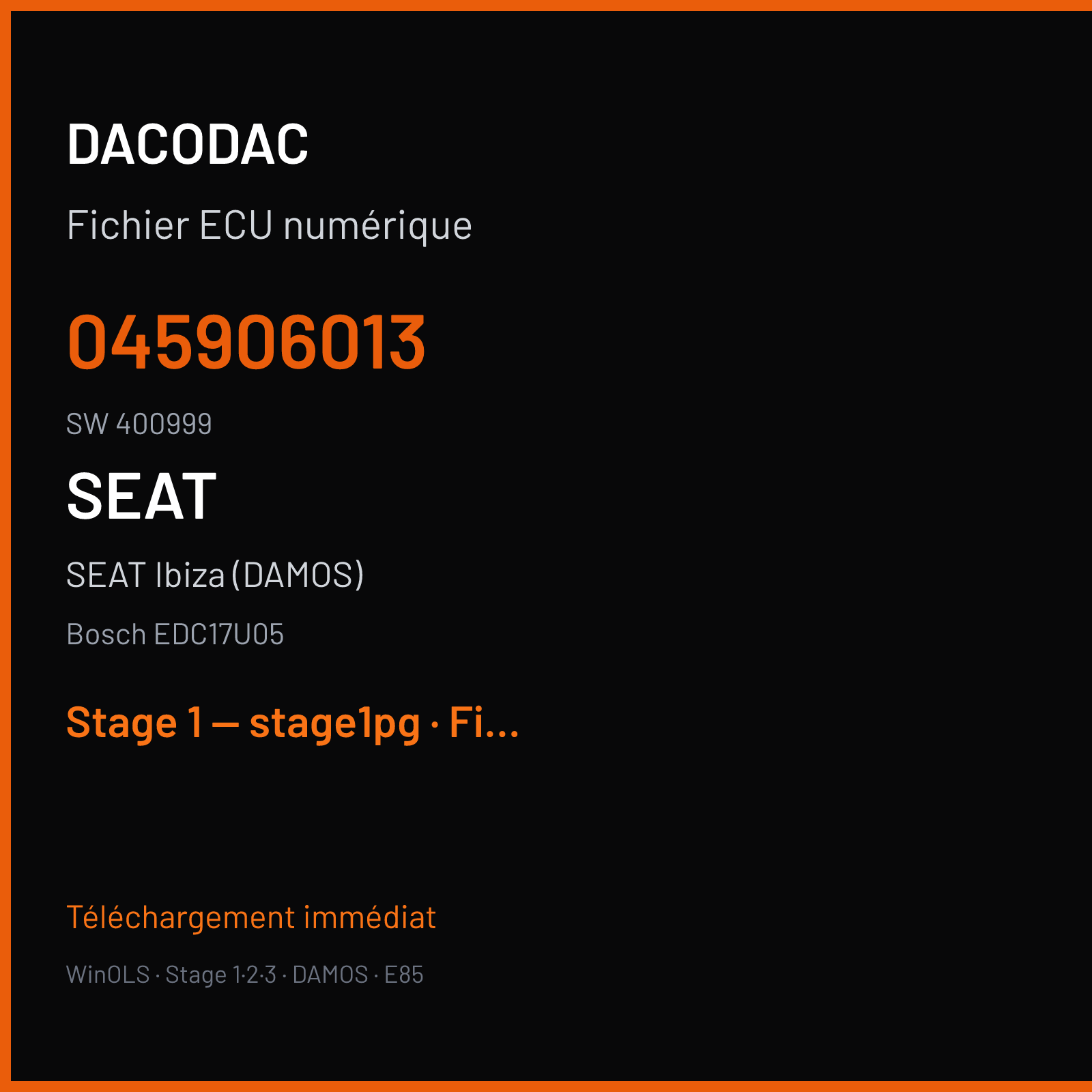SEAT Ibiza (DAMOS) — Bosch EDC17U05 — 045906013 · 400999 — Stage 1 — stage1pg