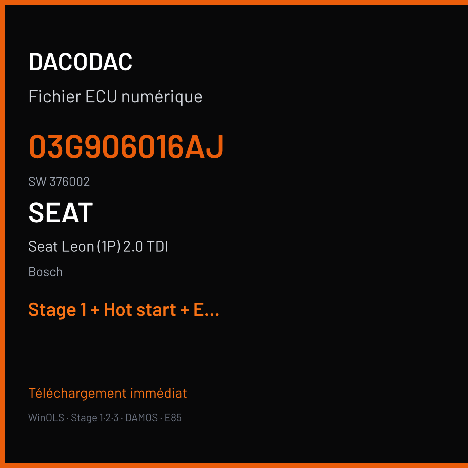 Seat Leon (1P) 2.0 TDI (2006) — Bosch — 03G906016AJ · 376002 — Stage 1 + Hot start + EGR off