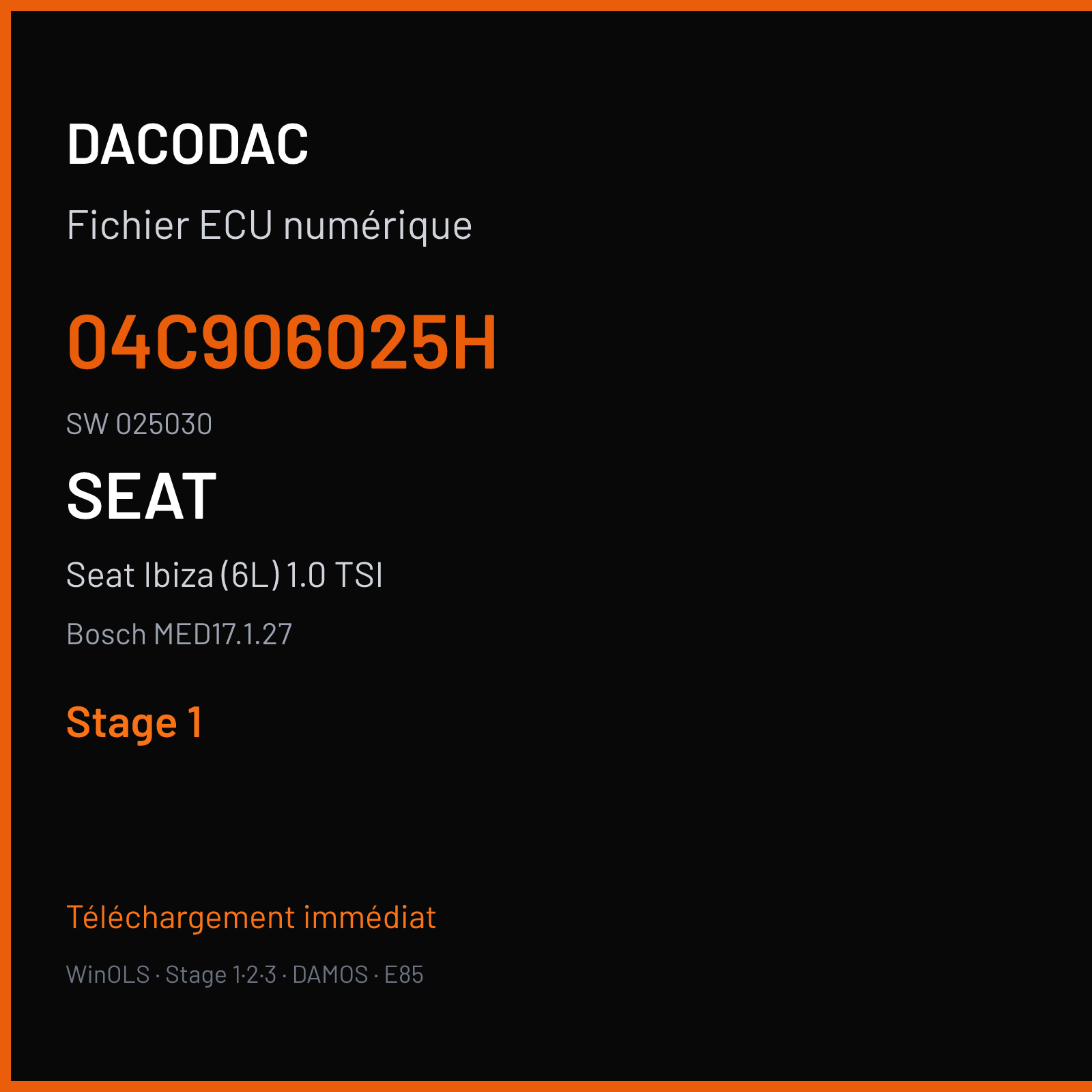 Seat Ibiza (6L) 1.0 TSI — Bosch MED17.1.27 — 04C906025H · 025030 — Stage 1