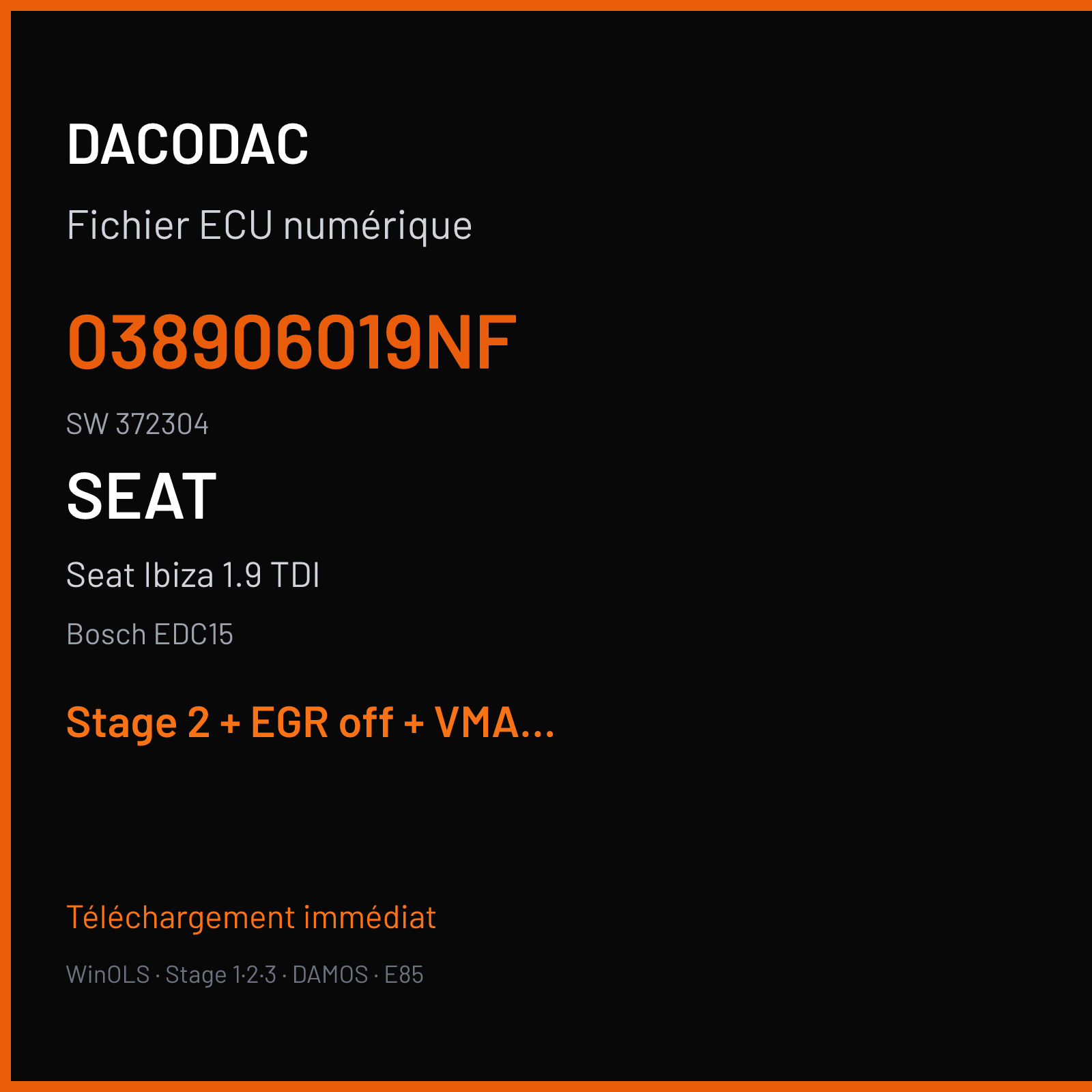 Seat Ibiza 1.9 TDI (2002) — Bosch EDC15 — 038906019NF · 372304 — Stage 2 + EGR off + VMAX off