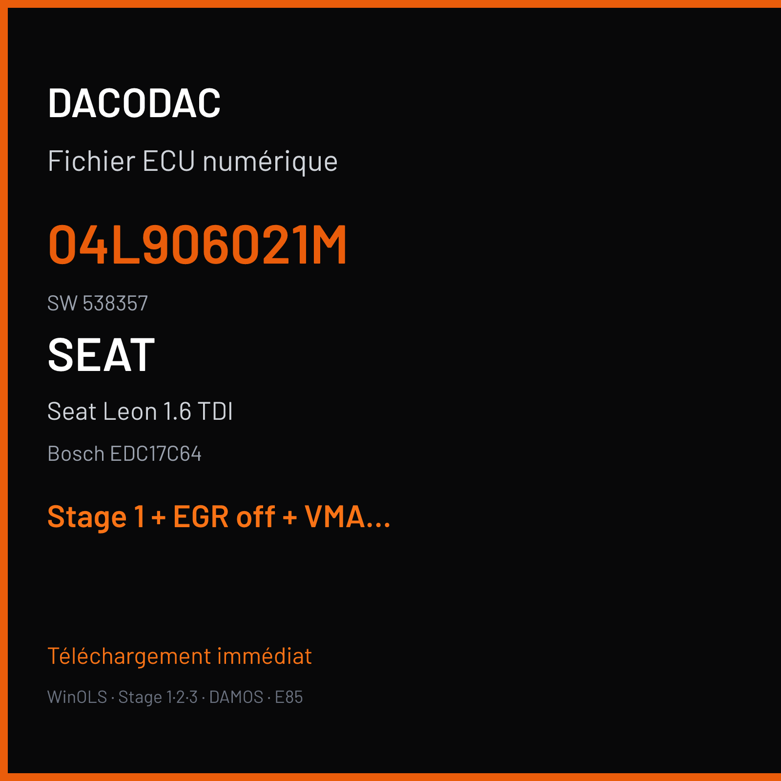 Seat Leon 1.6 TDI (2015) — Bosch EDC17C64 — 04L906021M · 538357 — Stage 1 + EGR off + VMAX off