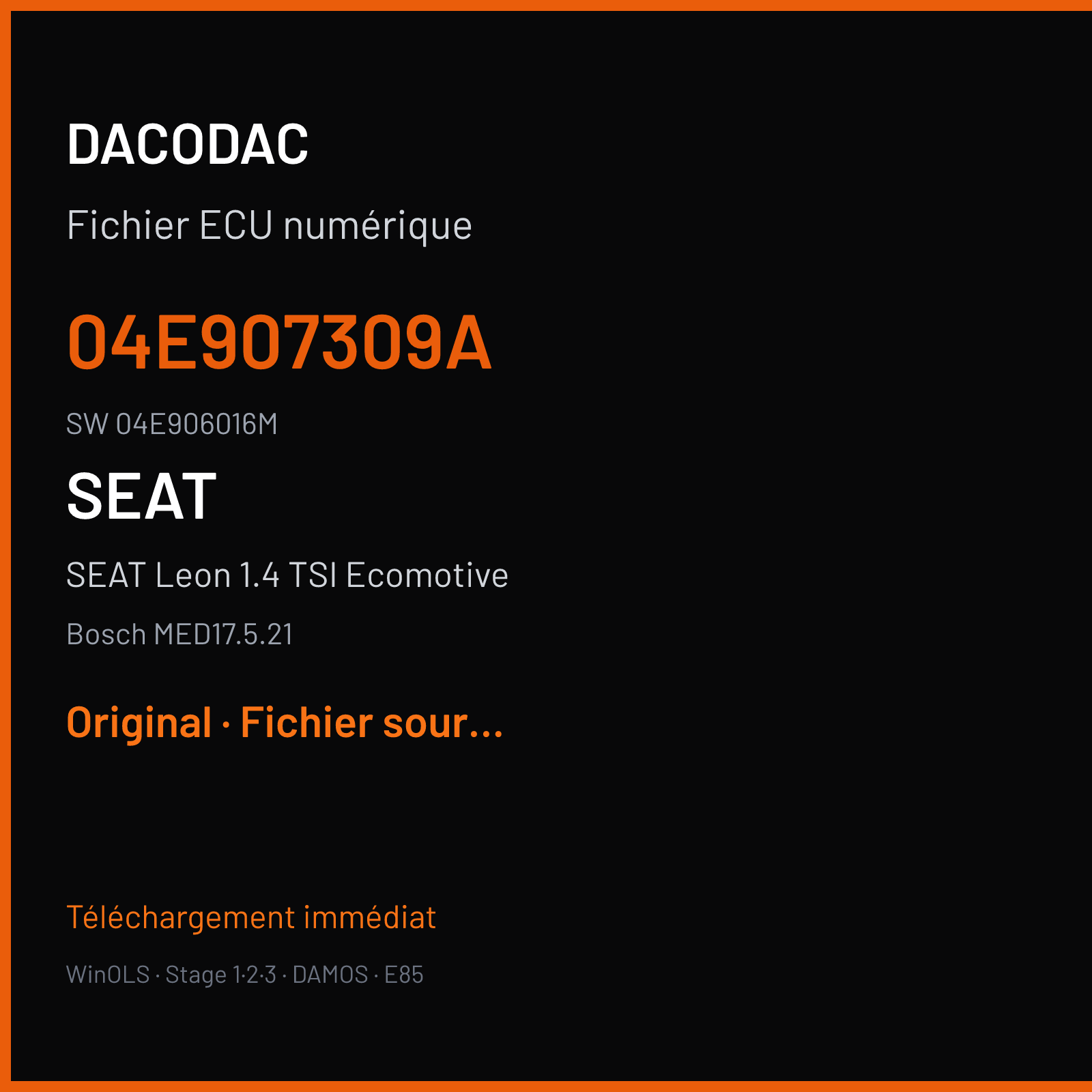 SEAT Leon 1.4 TSI Ecomotive 140 ch (2015) — Bosch MED17.5.21 — 04E907309A · 04E906016M · 539408 — Original