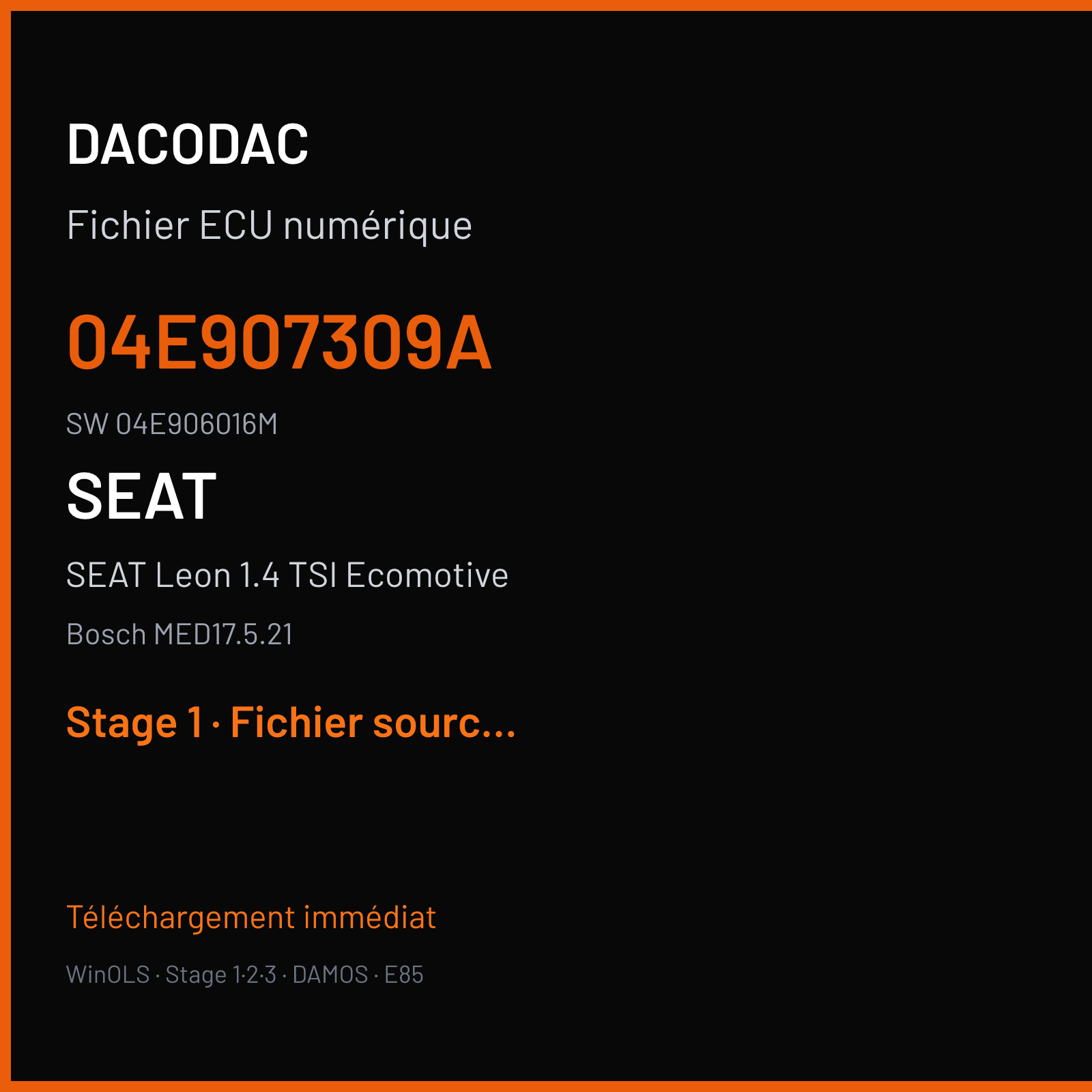 SEAT Leon 1.4 TSI Ecomotive 140 ch (2015) — Bosch MED17.5.21 — 04E907309A · 04E906016M · 539408 — Stage 1