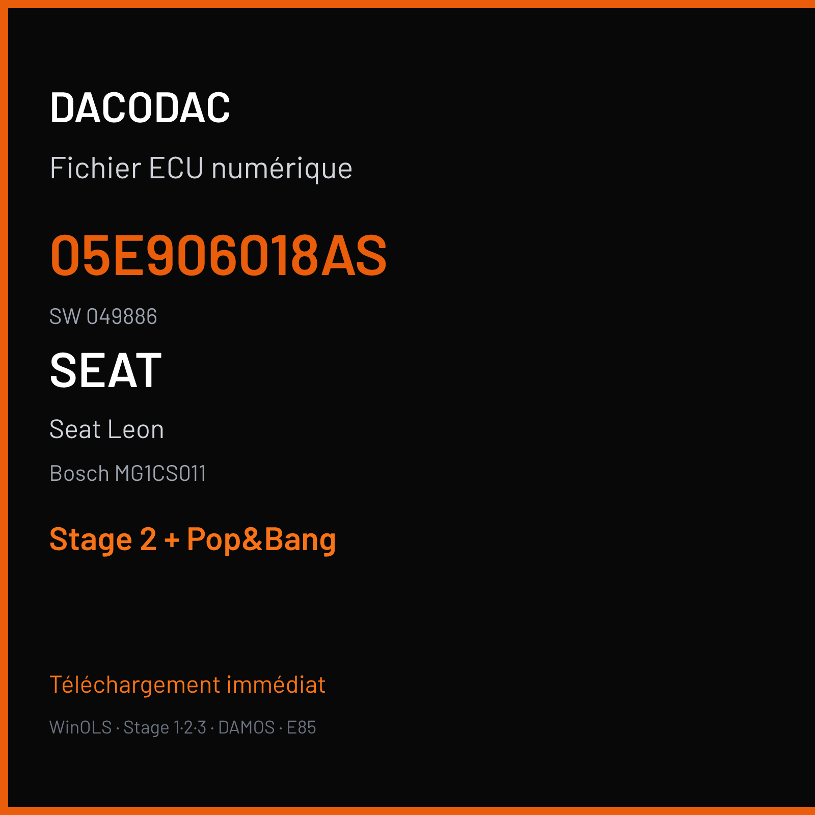 Seat Leon — Bosch MG1CS011 — 05E906018AS · 049886 — Stage 2 + Pop&Bang
