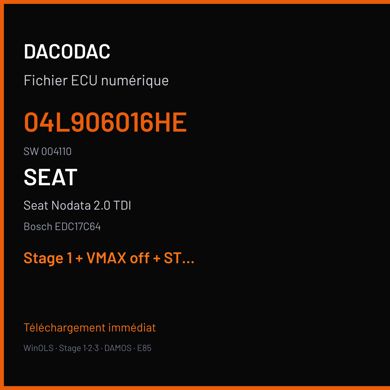Seat Nodata 2.0 TDI — Bosch EDC17C64 — 04L906016HE · 004110 — Stage 1 + VMAX off + STARTSTOP off