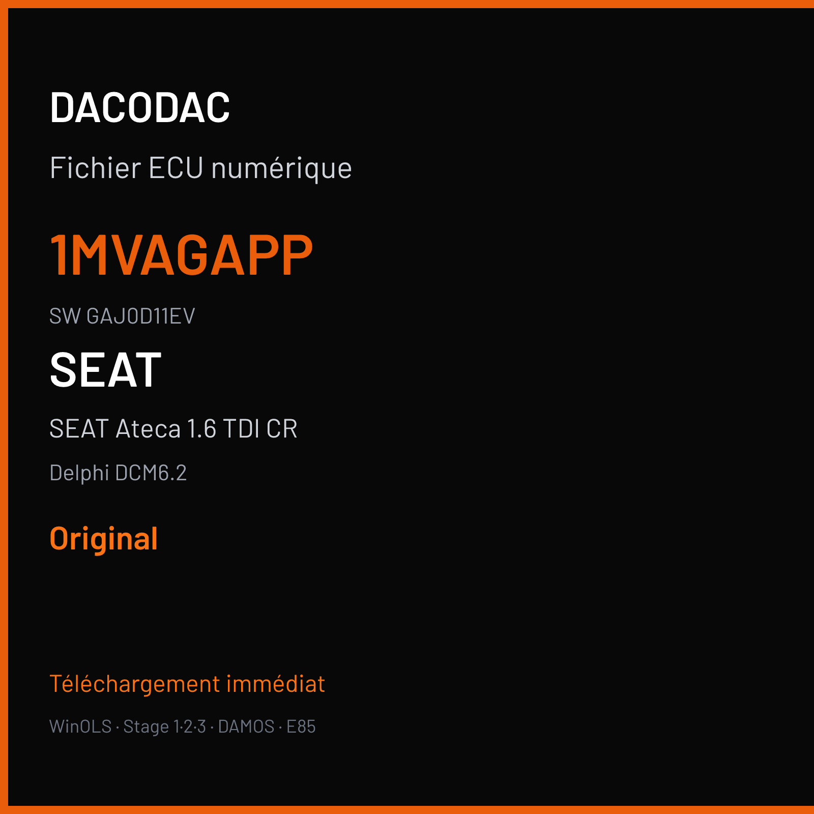 SEAT Ateca 1.6 TDI CR 115 ch (2019) — Delphi DCM6.2 — 1MVAGAPP · GAJ0D11EV · ECM16TDI03004L906056LM 04L906056LM GAJ0NCGDES09 X749 — Original