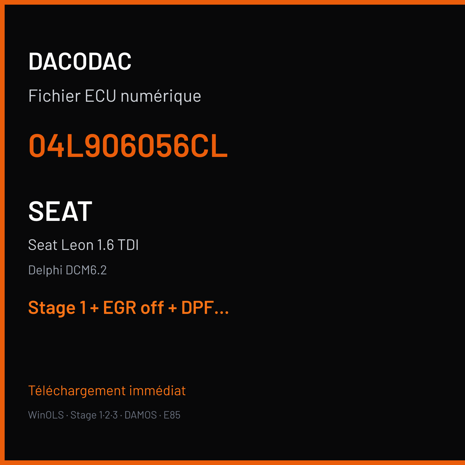 Seat Leon 1.6 TDI (2016) — Delphi DCM6.2 — 04L906056CL — Stage 1 + EGR off + DPF off + VMAX off