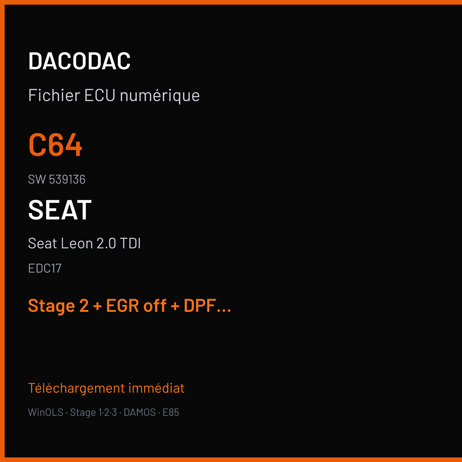 Seat Leon 2.0 TDI (2014) — EDC17 — C64 · 539136 — Stage 2 + EGR off + DPF off + VMAX off
