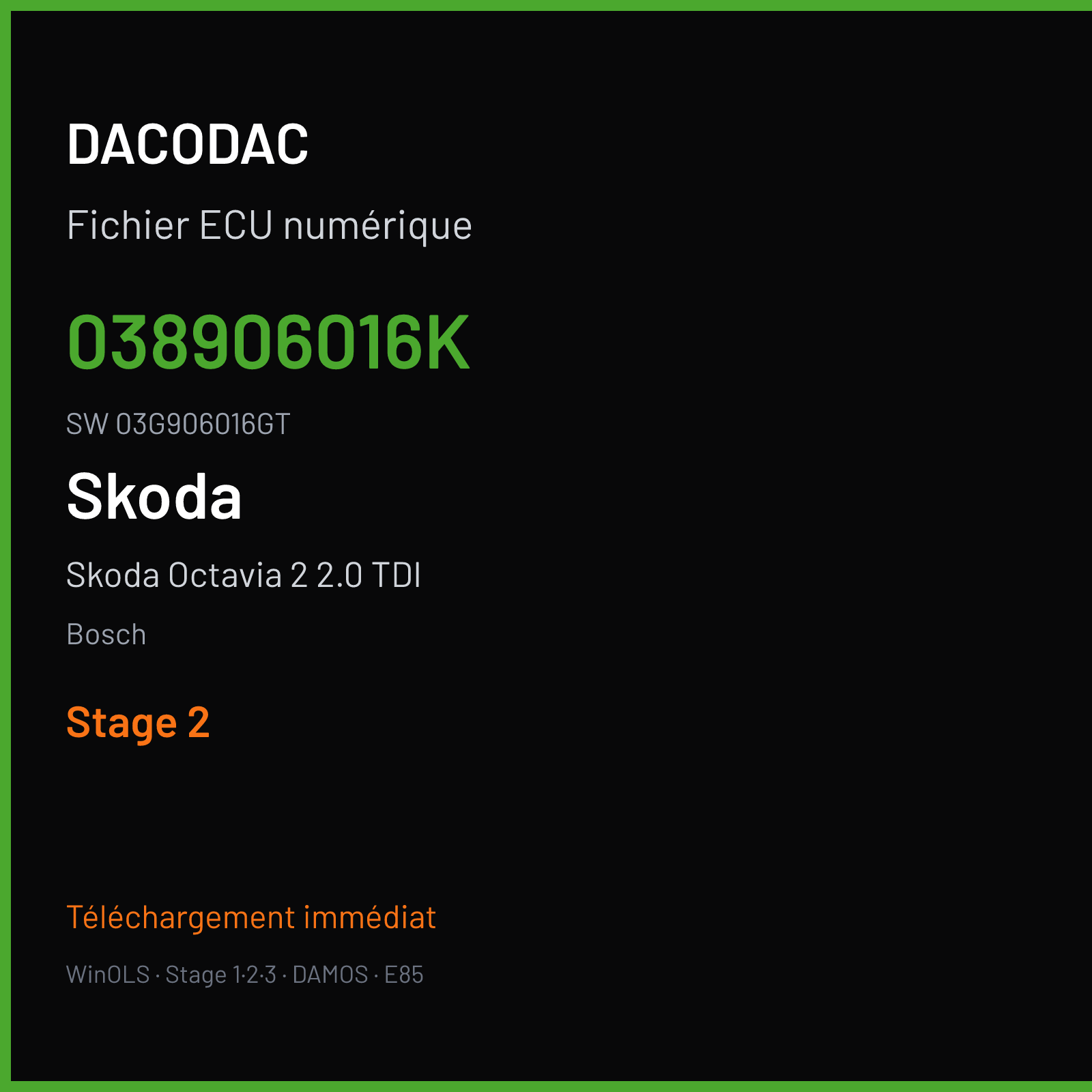 Skoda Octavia 2 2.0 TDI 140 ch (2002) — Bosch — 038906016K · 03G906016GT · 387090 — Stage 2