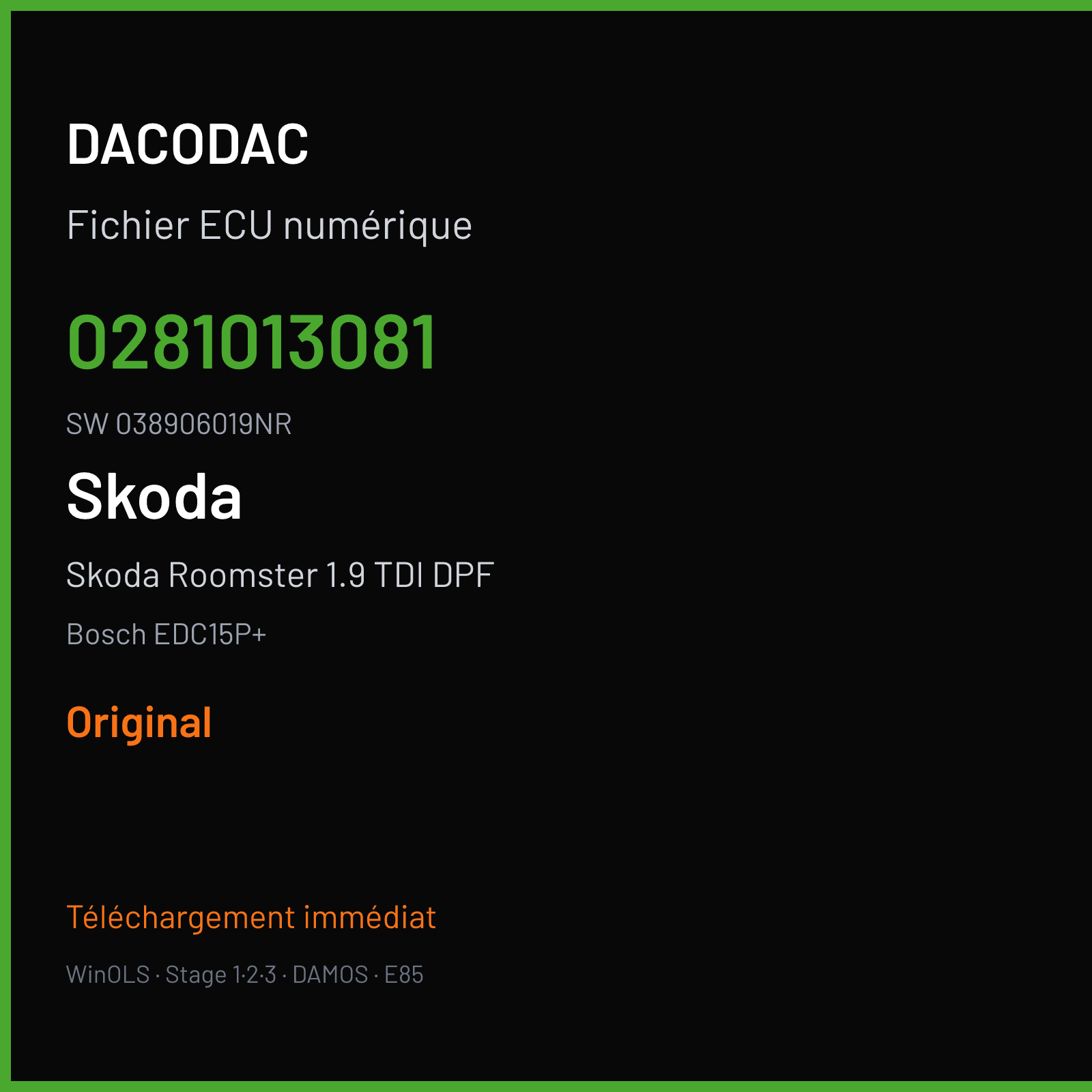 Skoda Roomster 1.9 TDI DPF 105 ch (2004) — Bosch EDC15P+ — 0281013081 · 038906019NR · 381002 — Original