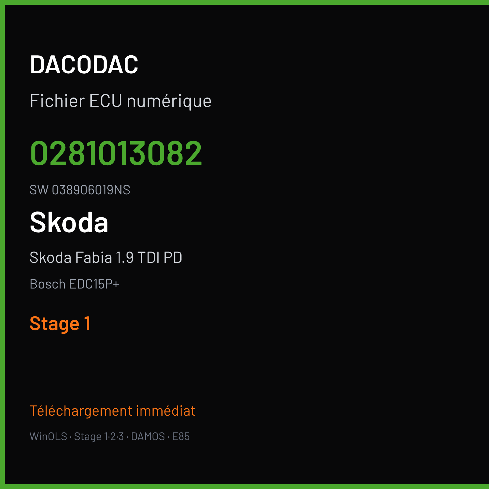 Skoda Fabia 1.9 TDI PD 100 ch (2007) — Bosch EDC15P+ — 0281013082 · 038906019NS · 386363 — Stage 1
