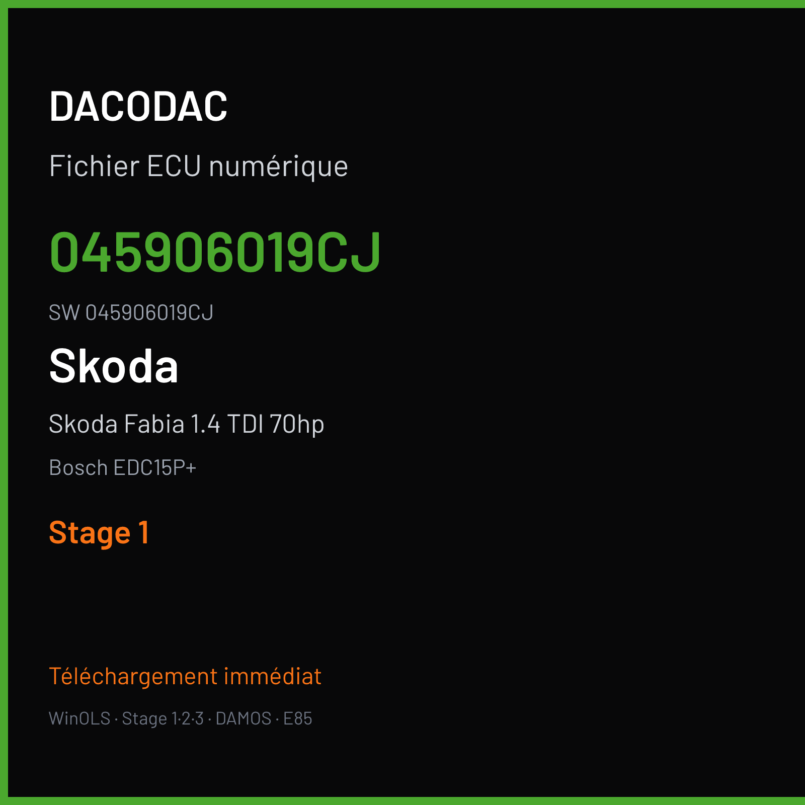 Skoda Fabia 1.4 TDI 70hp 70 ch (2009) — Bosch EDC15P+ — 045906019CJ · 045906019CJ · 382690 — Stage 1