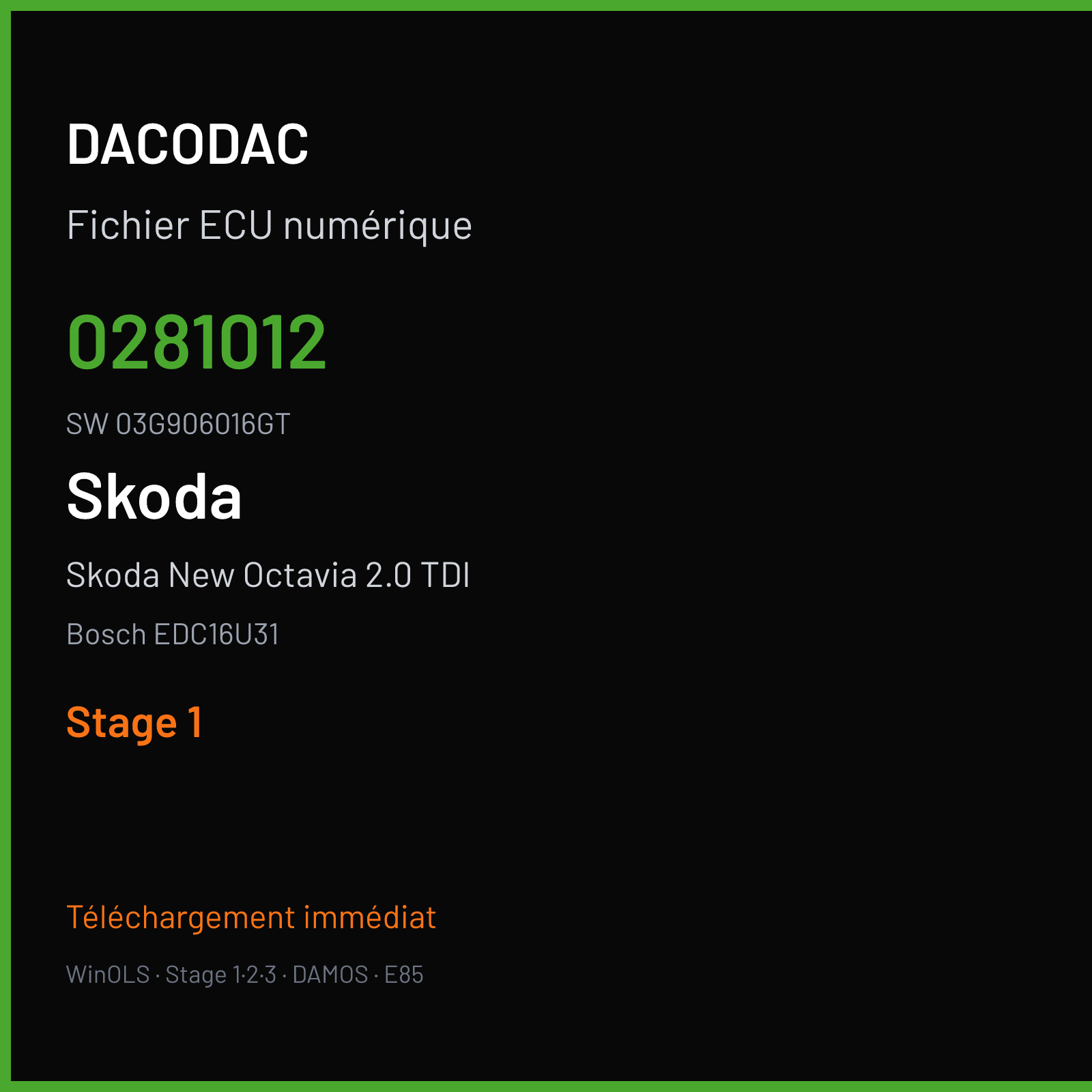 Skoda New Octavia 2.0 TDI 140 ch (2002) — Bosch EDC16U31 — 0281012 · 03G906016GT · 387090 — Stage 1