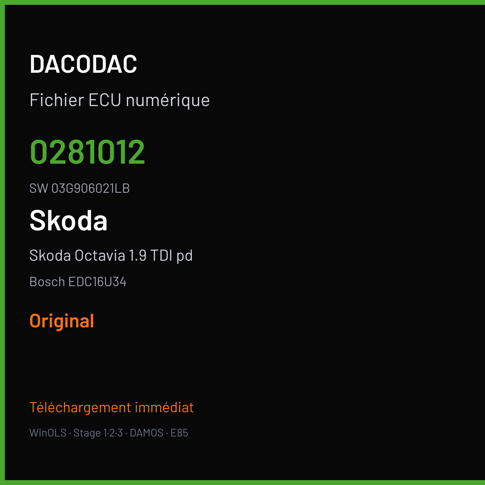 Skoda Octavia 1.9 TDI pd 105 ch (2006) — Bosch EDC16U34 — 0281012 · 03G906021LB · 382414 — Original
