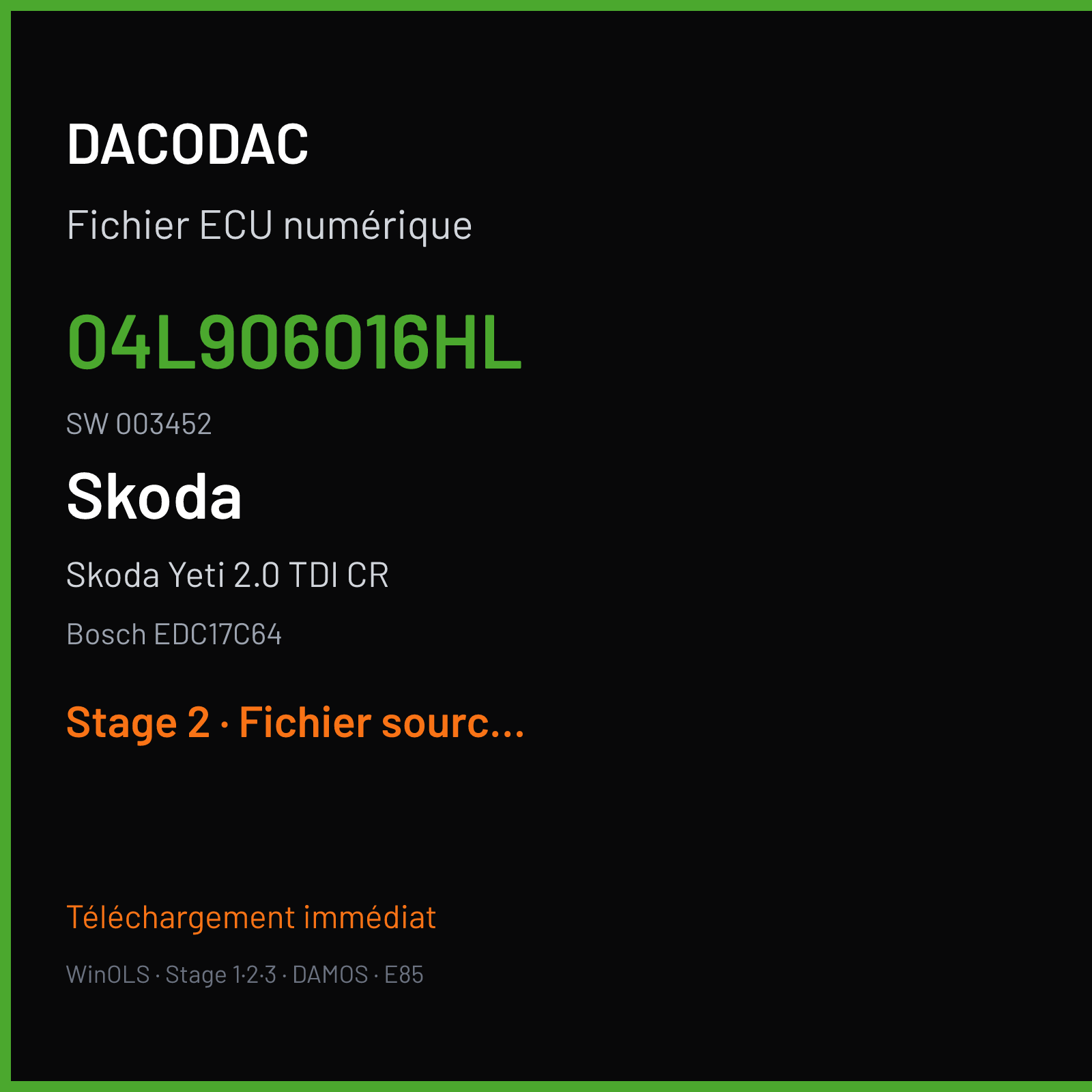 Skoda Yeti 2.0 TDI CR (2015) — Bosch EDC17C64 — 04L906016HL · 003452 — Stage 2