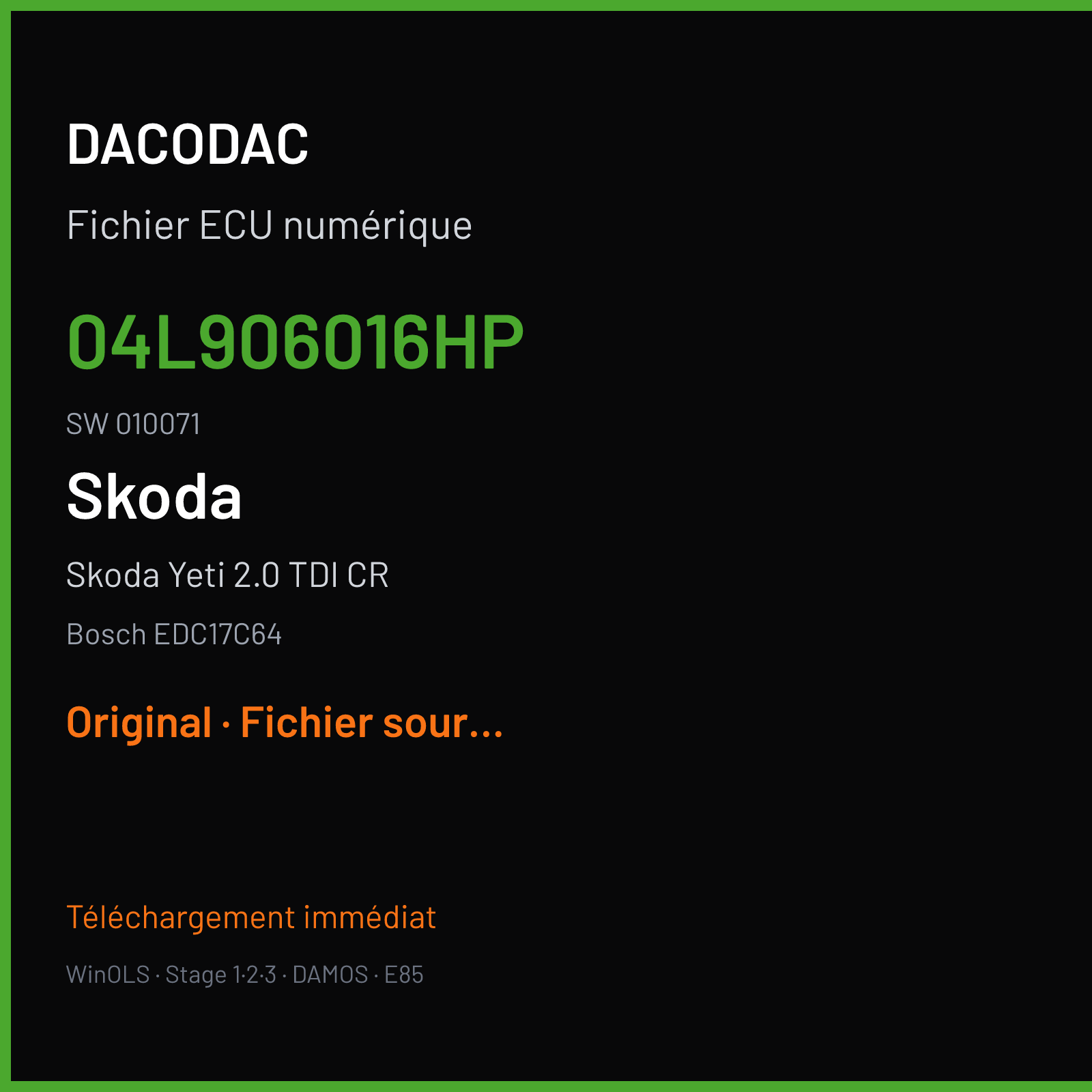 Skoda Yeti 2.0 TDI CR (2016) — Bosch EDC17C64 — 04L906016HP · 010071 — Original