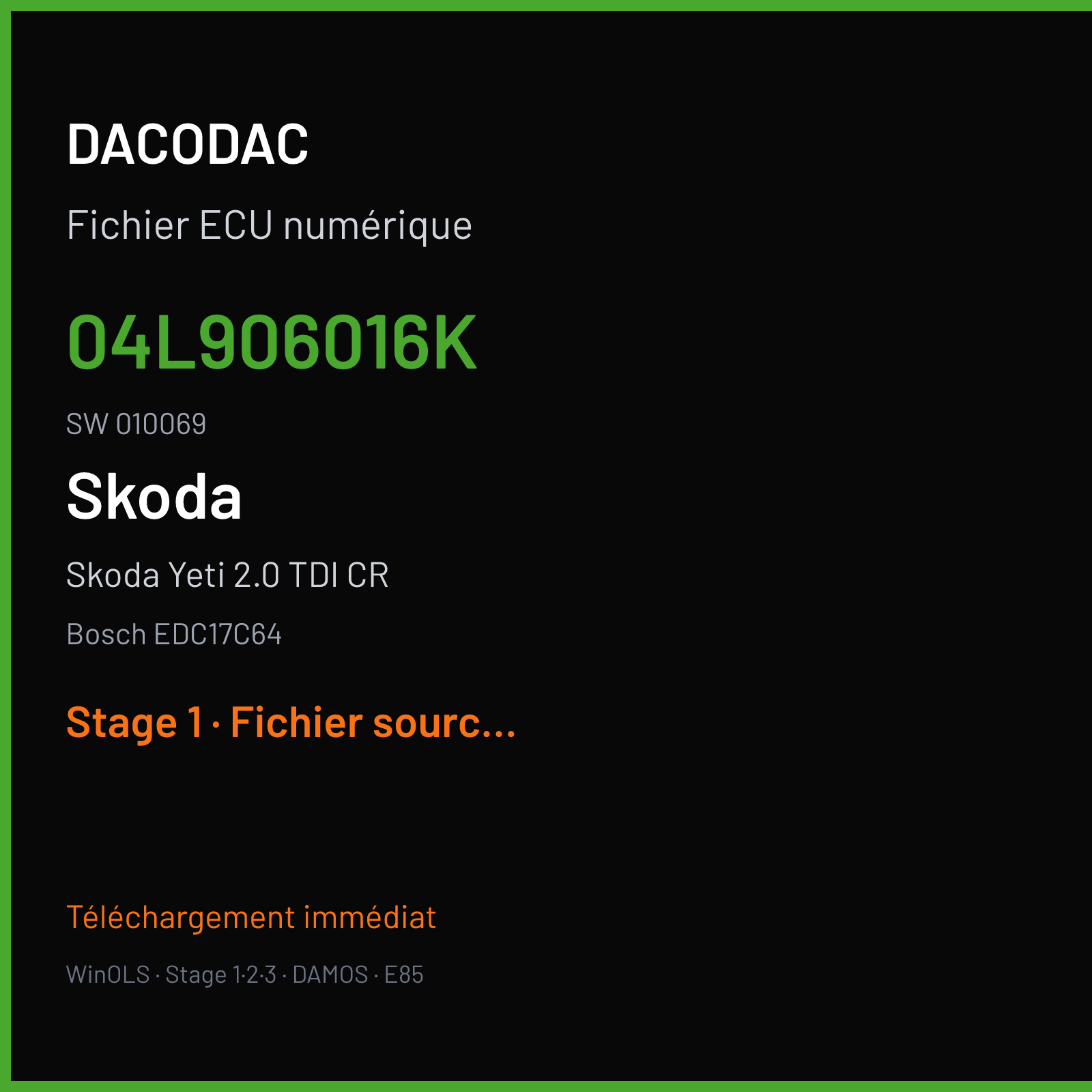 Skoda Yeti 2.0 TDI CR (2016) — Bosch EDC17C64 — 04L906016K · 010069 — Stage 1