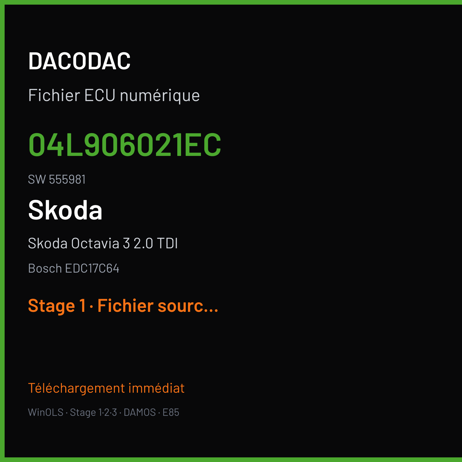 Skoda Octavia 3 2.0 TDI (2014) — Bosch EDC17C64 — 04L906021EC · 555981 — Stage 1