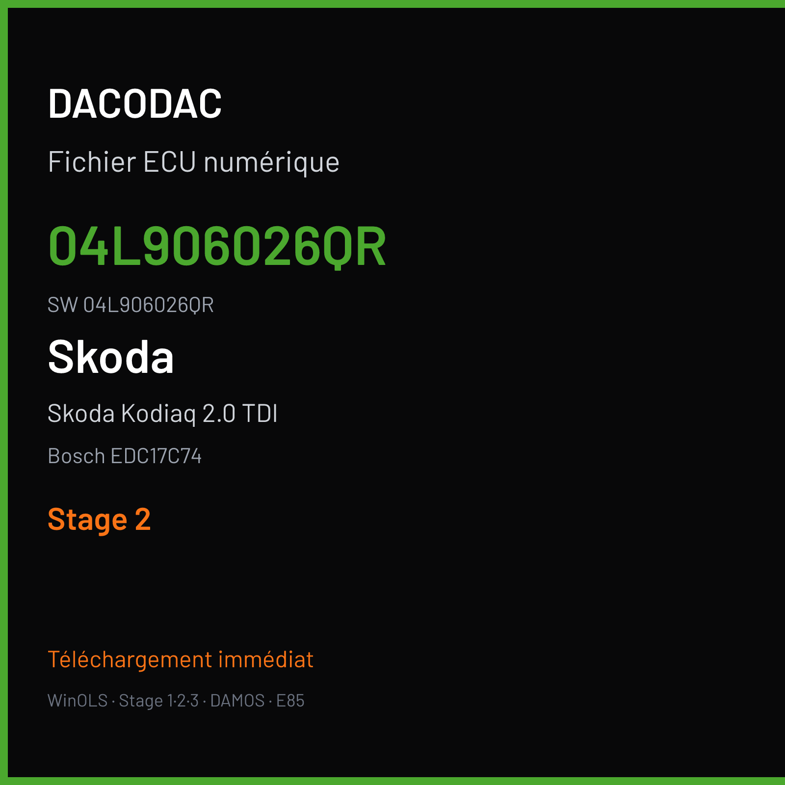Skoda Kodiaq 2.0 TDI 150 ch (2017) — Bosch EDC17C74 — 04L906026QR · 04L906026QR · 051000 — Stage 2