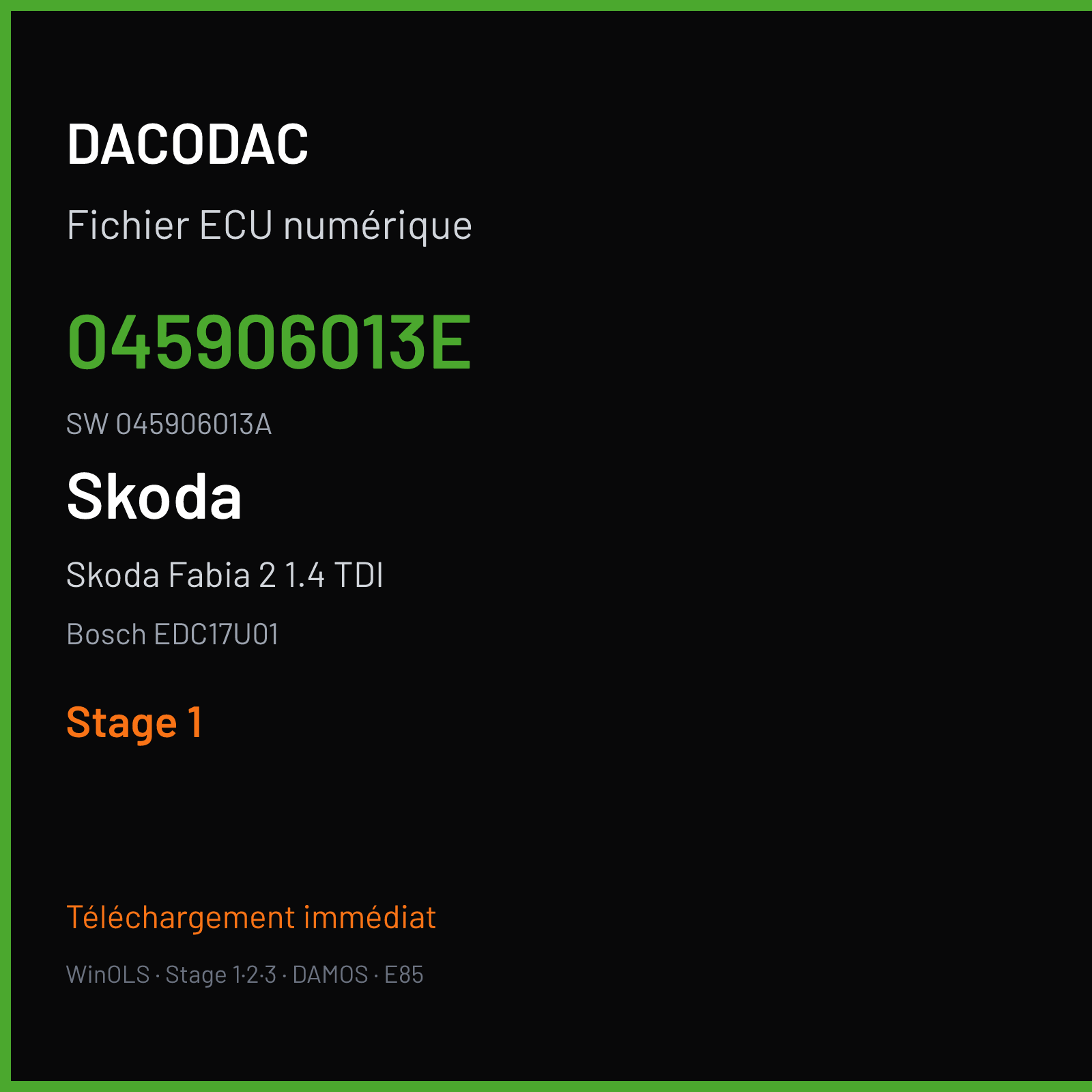 Skoda Fabia 2 1.4 TDI 80 ch (2009) — Bosch EDC17U01 — 045906013E · 045906013A · 383043 — Stage 1