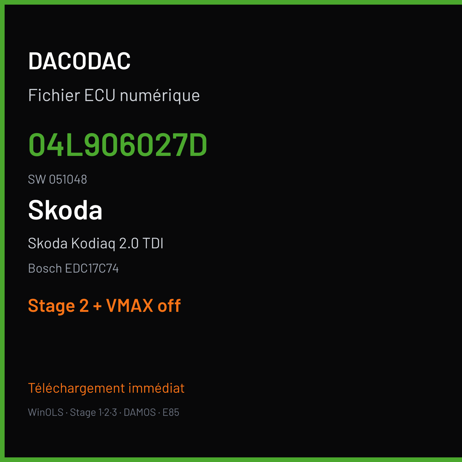Skoda Kodiaq 2.0 TDI — Bosch EDC17C74 — 04L906027D · 051048 — Stage 2 + VMAX off