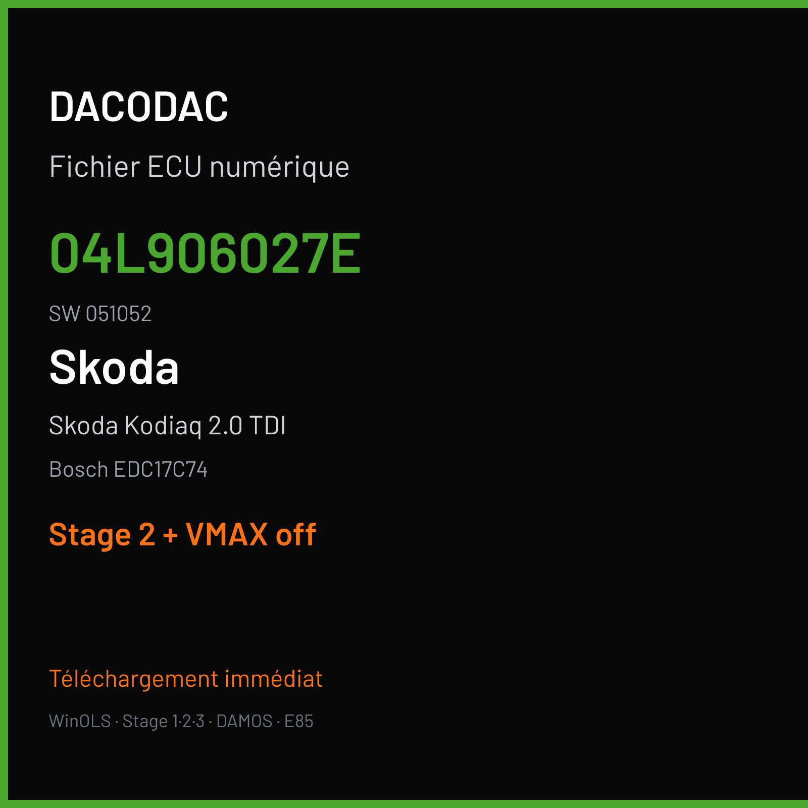 Skoda Kodiaq 2.0 TDI — Bosch EDC17C74 — 04L906027E · 051052 — Stage 2 + VMAX off