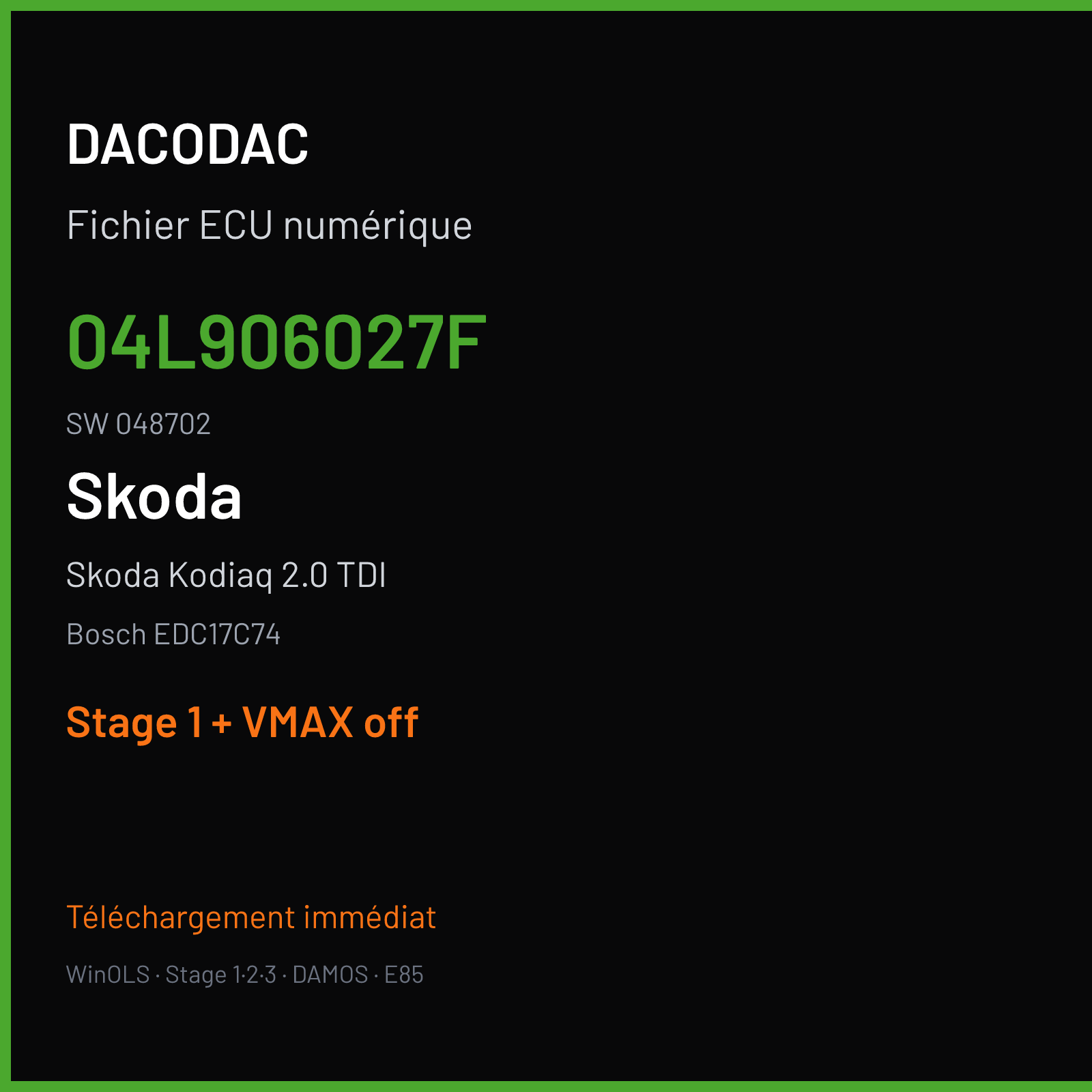 Skoda Kodiaq 2.0 TDI (2018) — Bosch EDC17C74 — 04L906027F · 048702 — Stage 1 + VMAX off