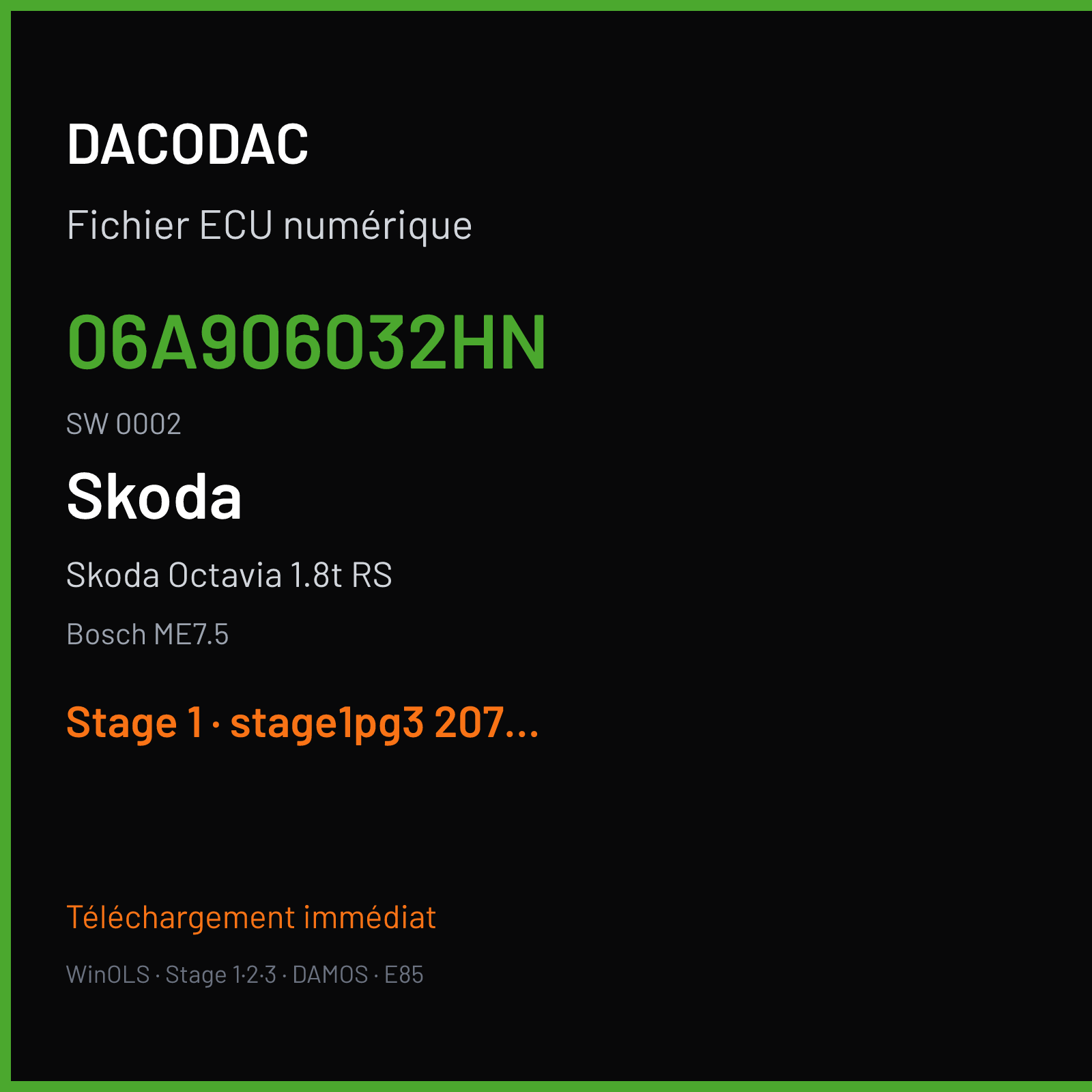 Skoda Octavia 1.8t RS 177 ch (2003) — Bosch ME7.5 — 06A906032HN · 0002 · 0261207440 1037363908 — Stage 1