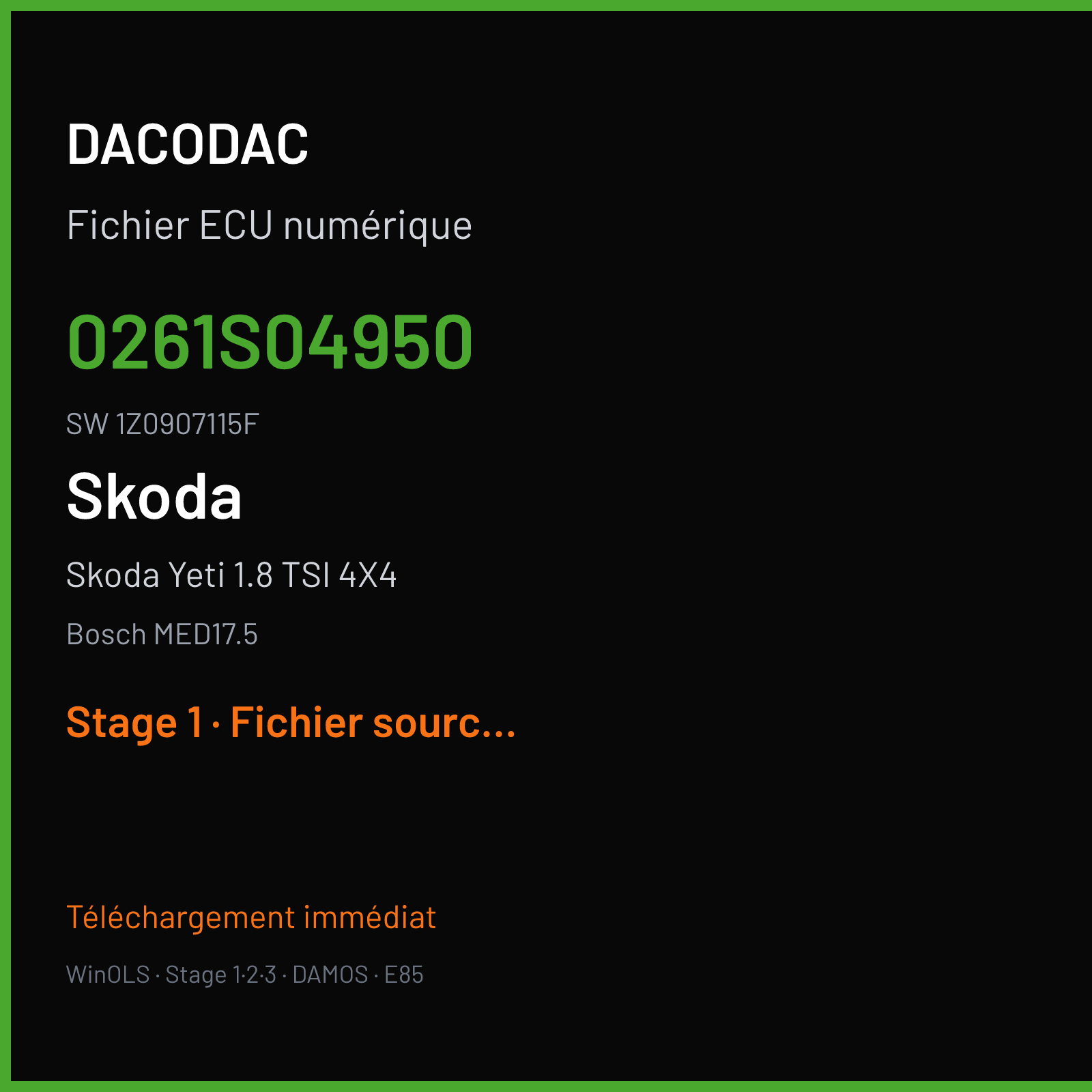 Skoda Yeti 1.8 TSI 4X4 160 ch (2009) — Bosch MED17.5 — 0261S04950 · 1Z0907115F · 505017 — Stage 1