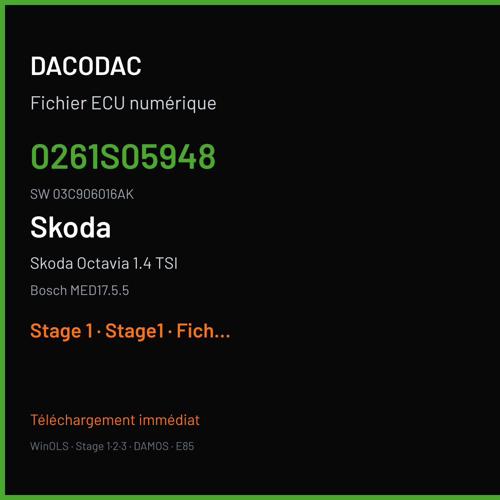 Skoda Octavia 1.4 TSI (2013) — Bosch MED17.5.5 — 0261S05948 · 03C906016AK — Stage 1