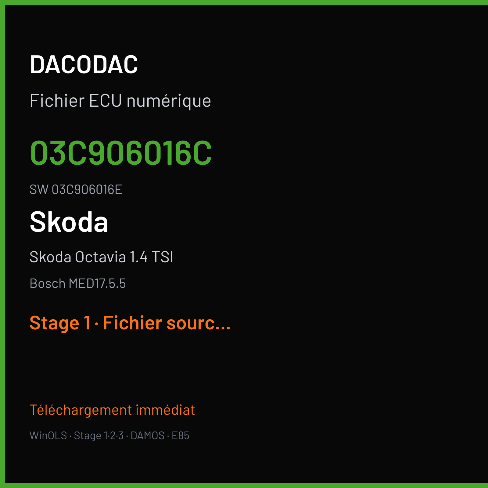 Skoda Octavia 1.4 TSI 122 ch (2012) — Bosch MED17.5.5 — 03C906016C · 03C906016E · 516950 — Stage 1