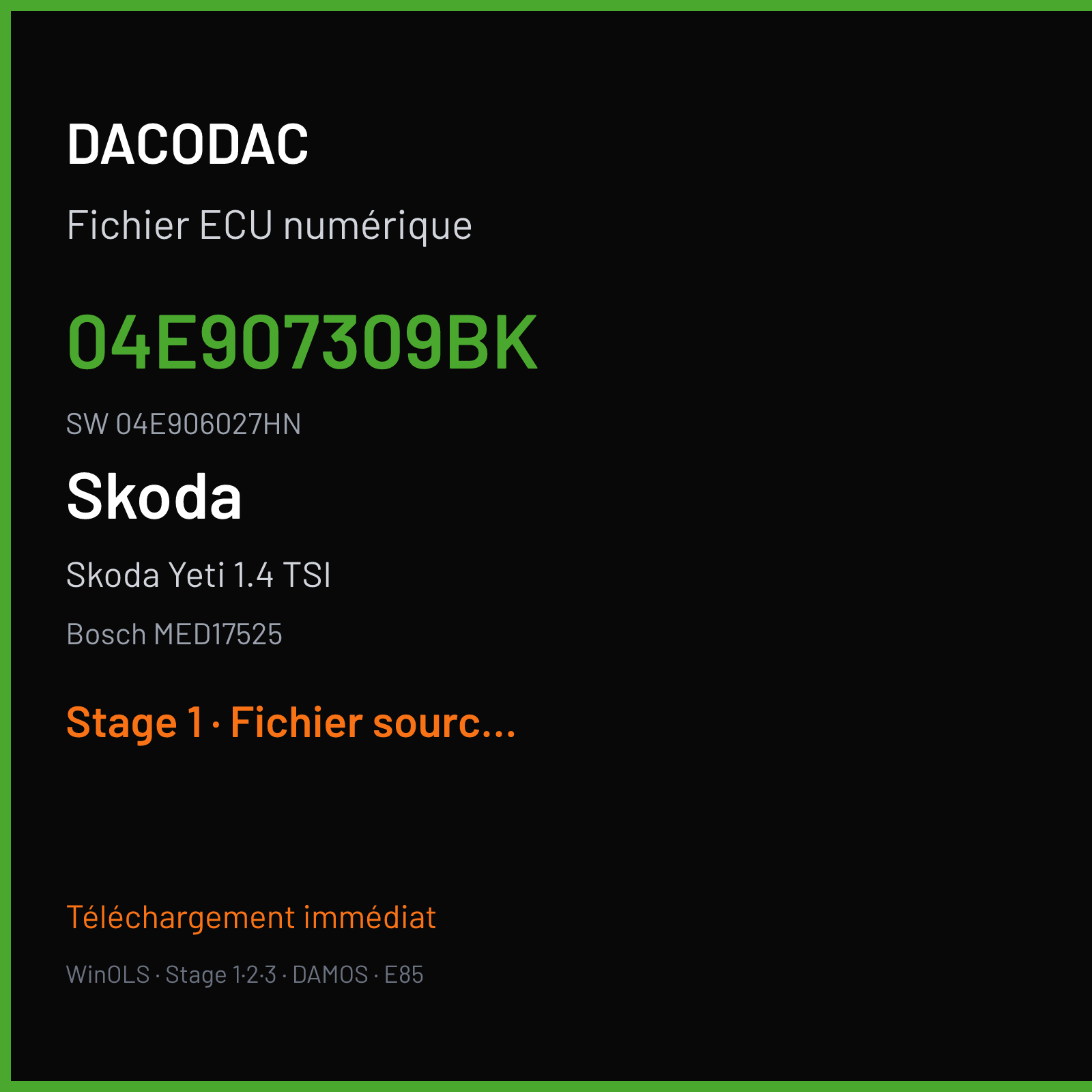 Skoda Yeti 1.4 TSI 150 ch (2015) — Bosch MED17525 — 04E907309BK · 04E906027HN · 022611 — Stage 1