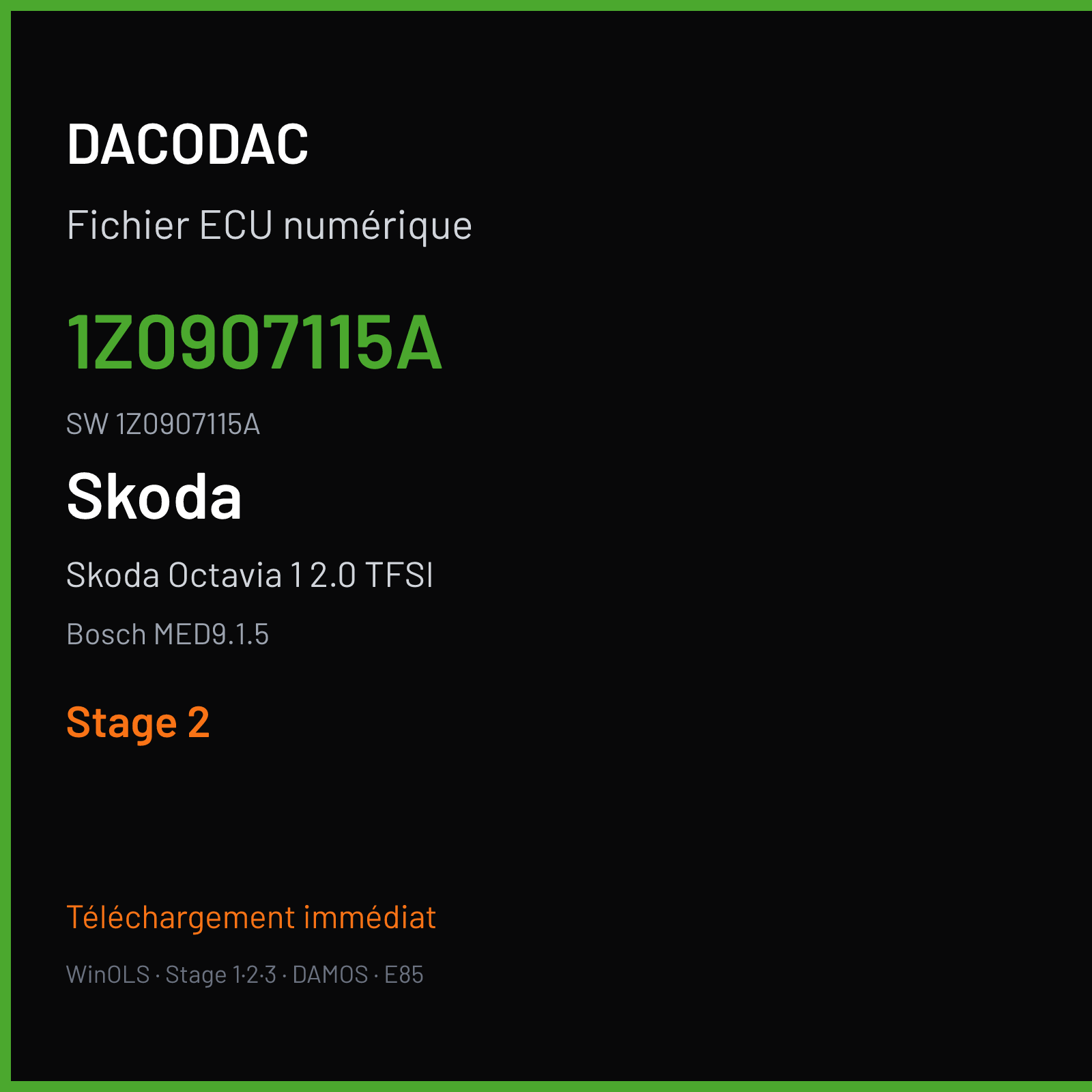 Skoda Octavia 1 2.0 TFSI 200 ch (2006) — Bosch MED9.1.5 — 1Z0907115A · 1Z0907115A · 386859 — Stage 2