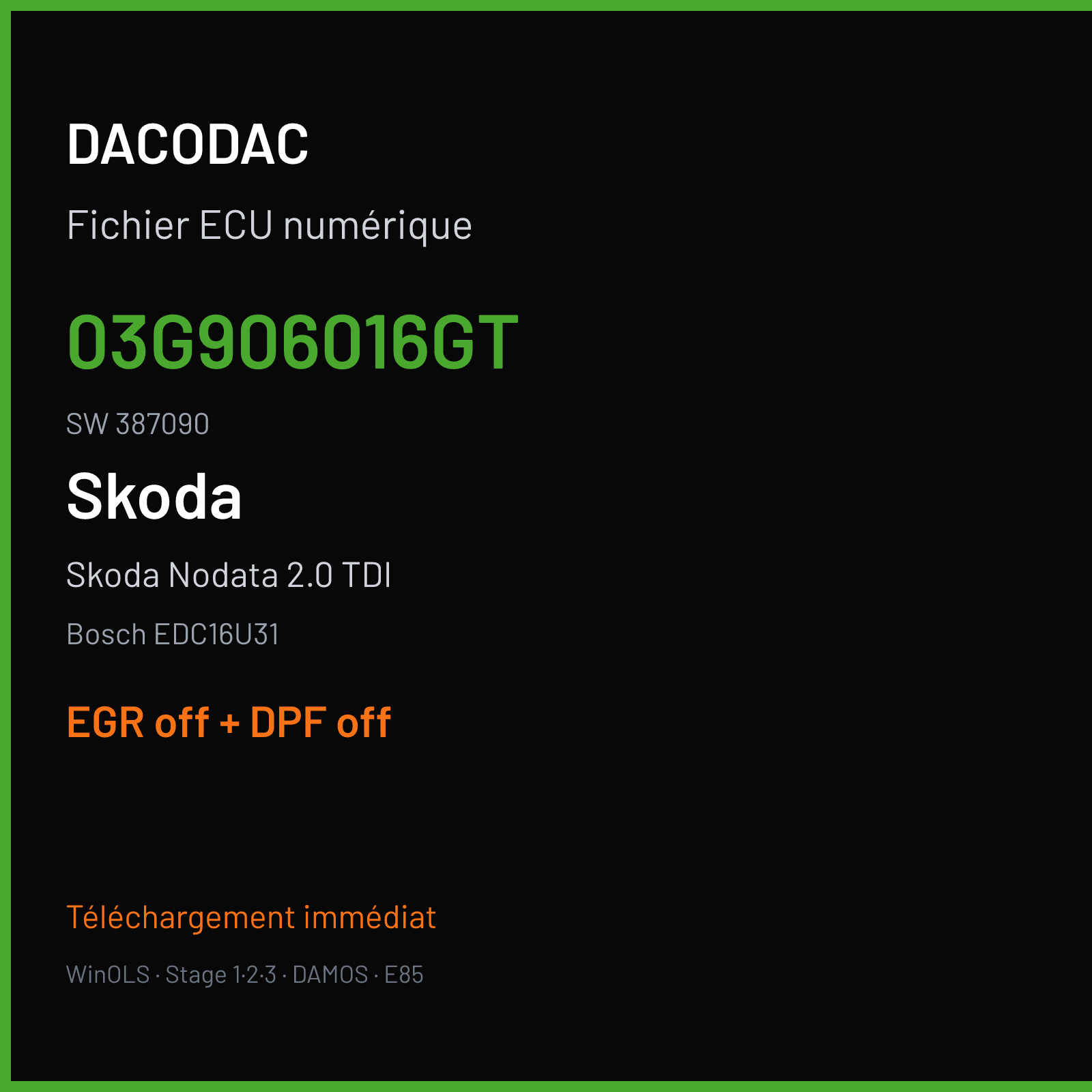 Skoda Nodata 2.0 TDI — Bosch EDC16U31 — 03G906016GT · 387090 — EGR off + DPF off