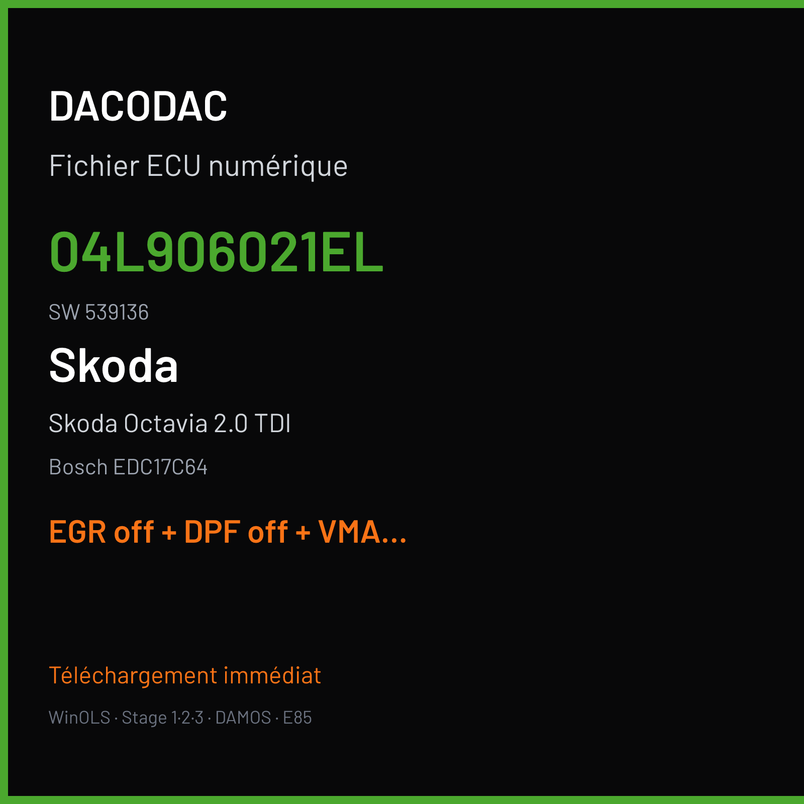 Skoda Octavia 2.0 TDI (2014) — Bosch EDC17C64 — 04L906021EL · 539136 — EGR off + DPF off + VMAX off