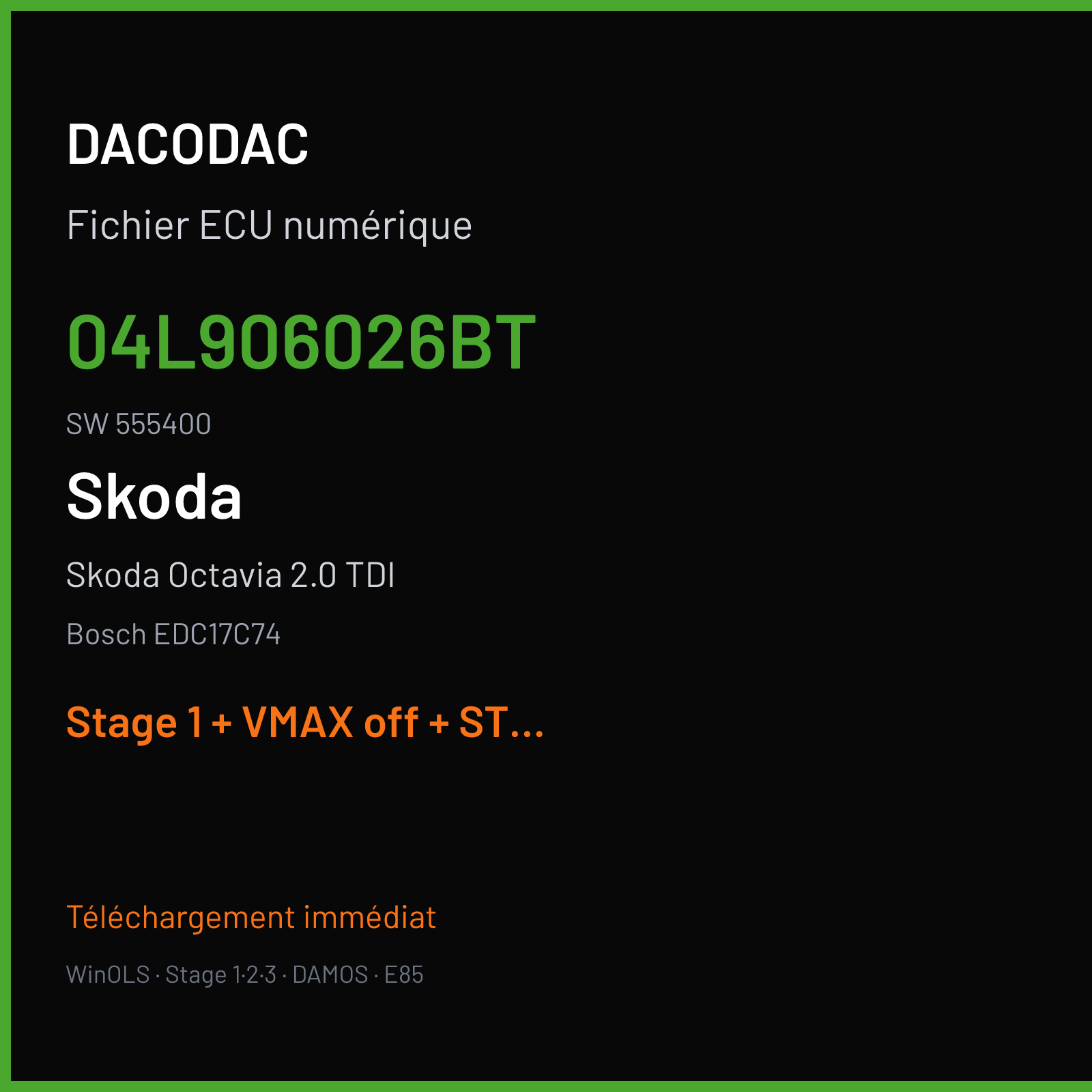 Skoda Octavia 2.0 TDI (2015) — Bosch EDC17C74 — 04L906026BT · 555400 — Stage 1 + VMAX off + STARTSTOP off
